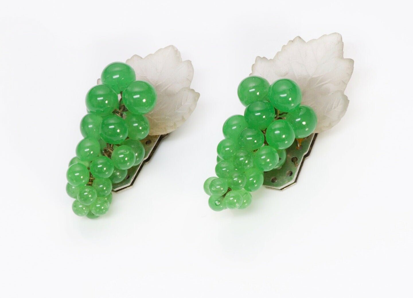 Louis Rousselet 1940’s Green Glass Beads Grape Leaf Double Clips Brooch