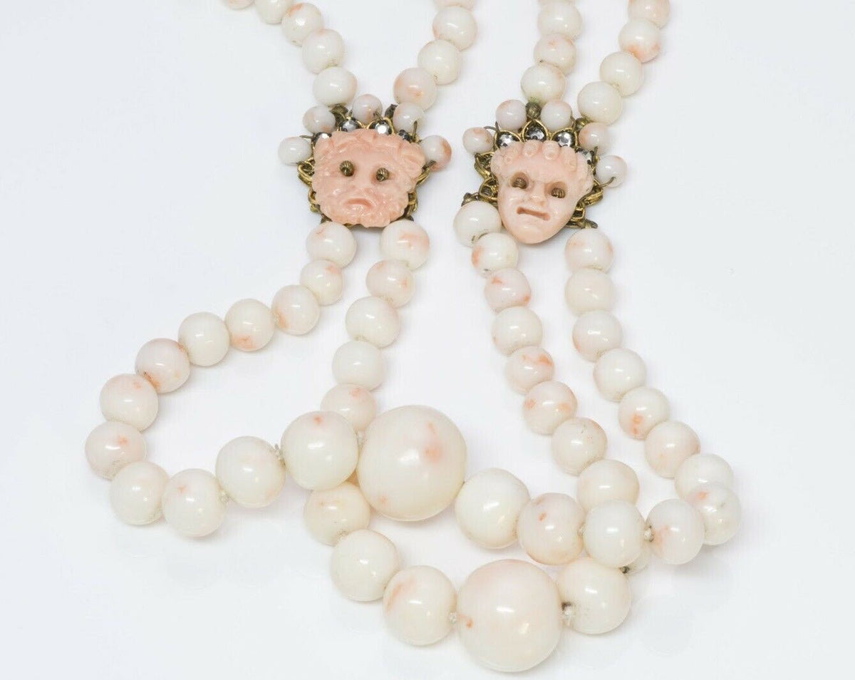 Louis Rousselet 1950’s Faux Coral Beads Masks Strand Necklace