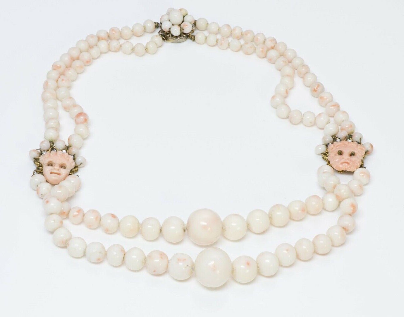 Louis Rousselet 1950’s Faux Coral Beads Masks Strand Necklace