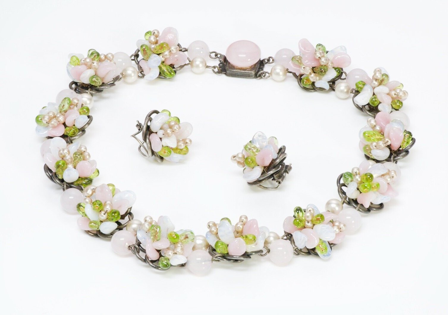 Louis Rousselet 1950’s Flower Glass Beads Necklace Earrings Set