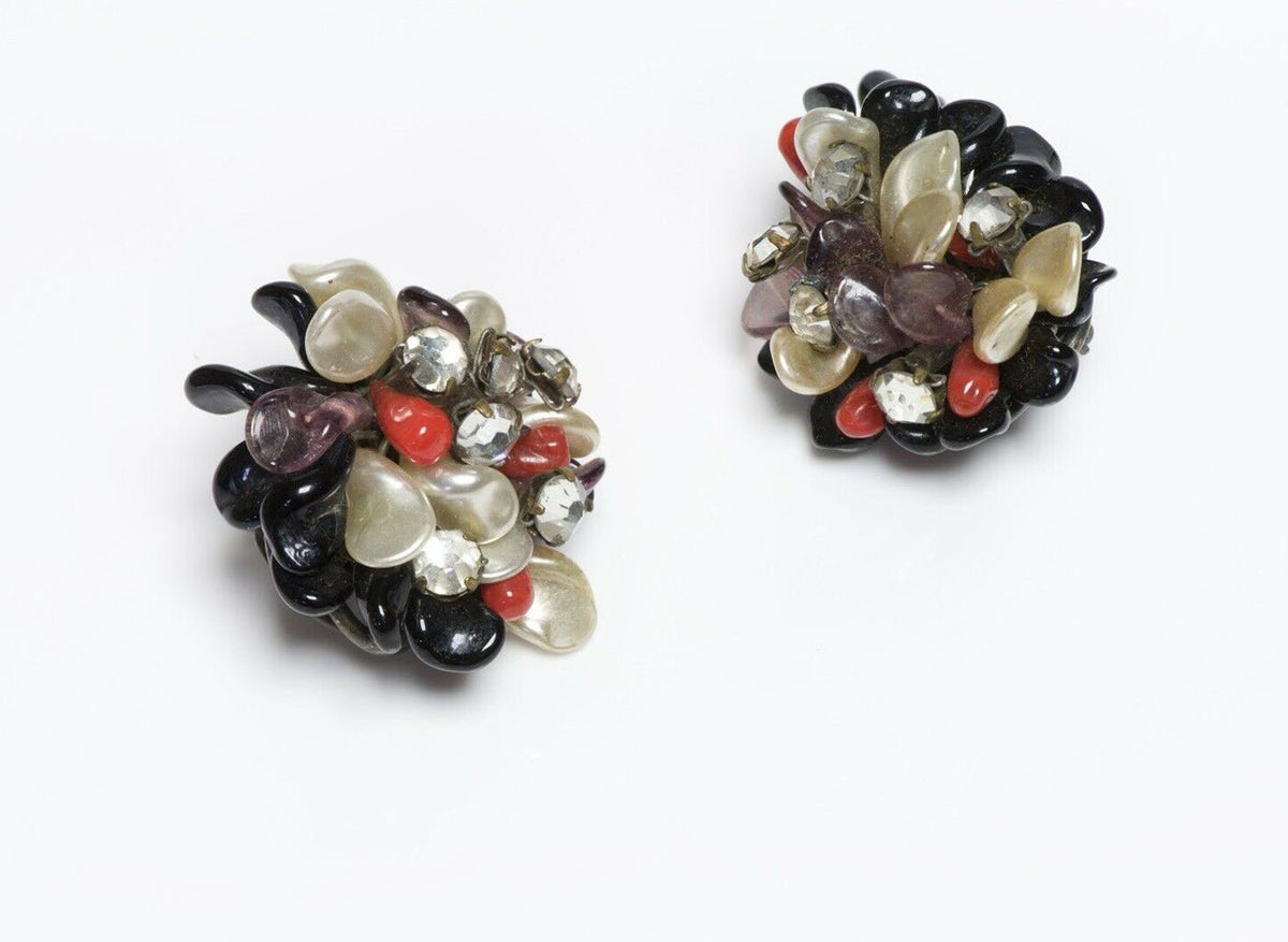 Louis Rousselet 1950’s Pearl Crystal Black Red Purple Glass Flower Earrings