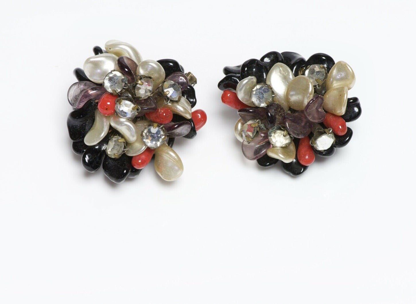 Louis Rousselet 1950’s Pearl Crystal Black Red Purple Glass Flower Earrings