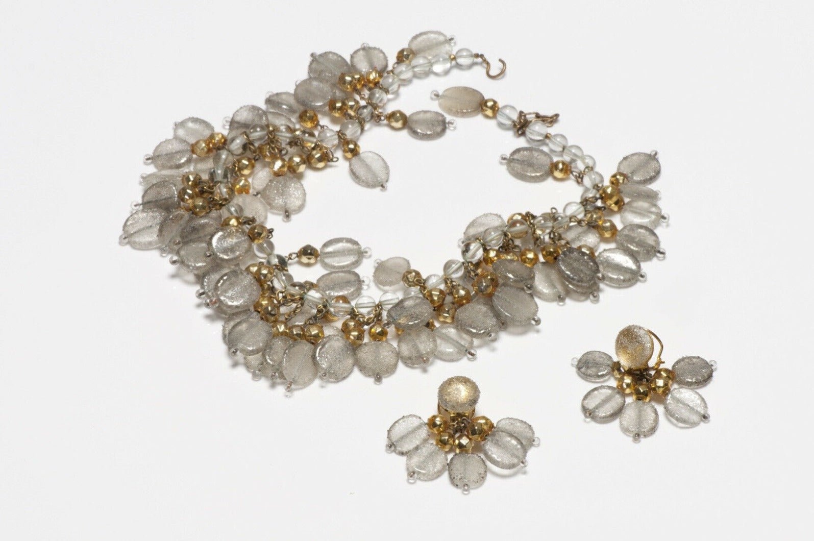 Louis Rousselet Paris 1950’s Clear Frosted Glass Beads Necklace Earrings Set