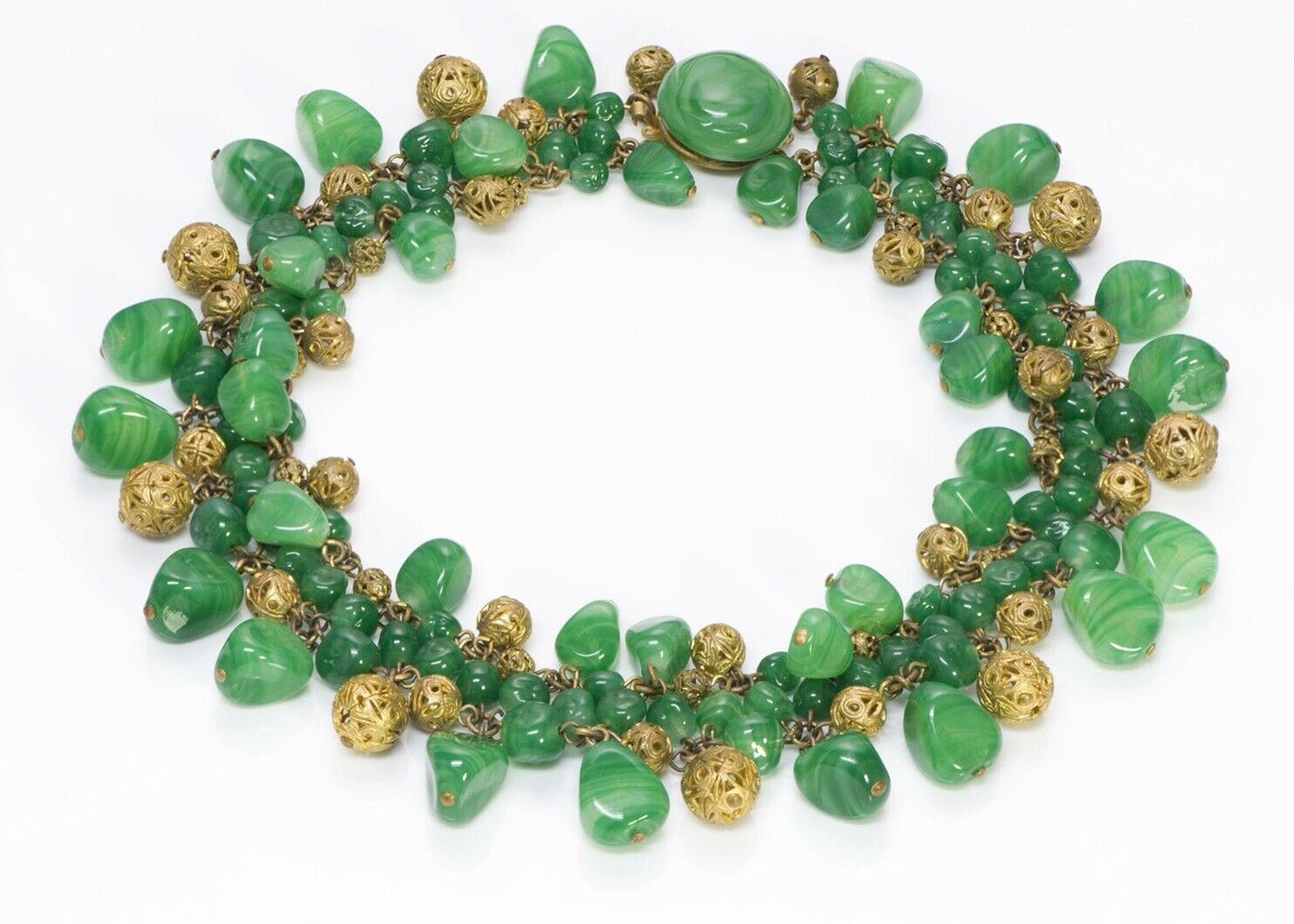Louis Rousselet Paris 1950’s Green Glass Brass Filigree Collar Necklace