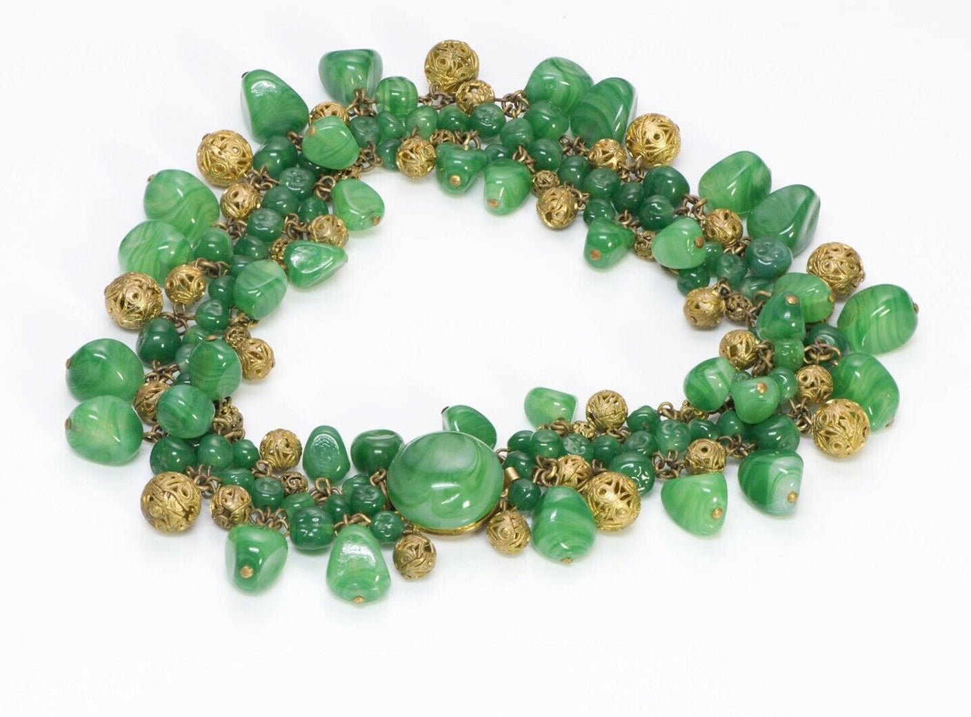 Louis Rousselet Paris 1950’s Green Glass Brass Filigree Collar Necklace