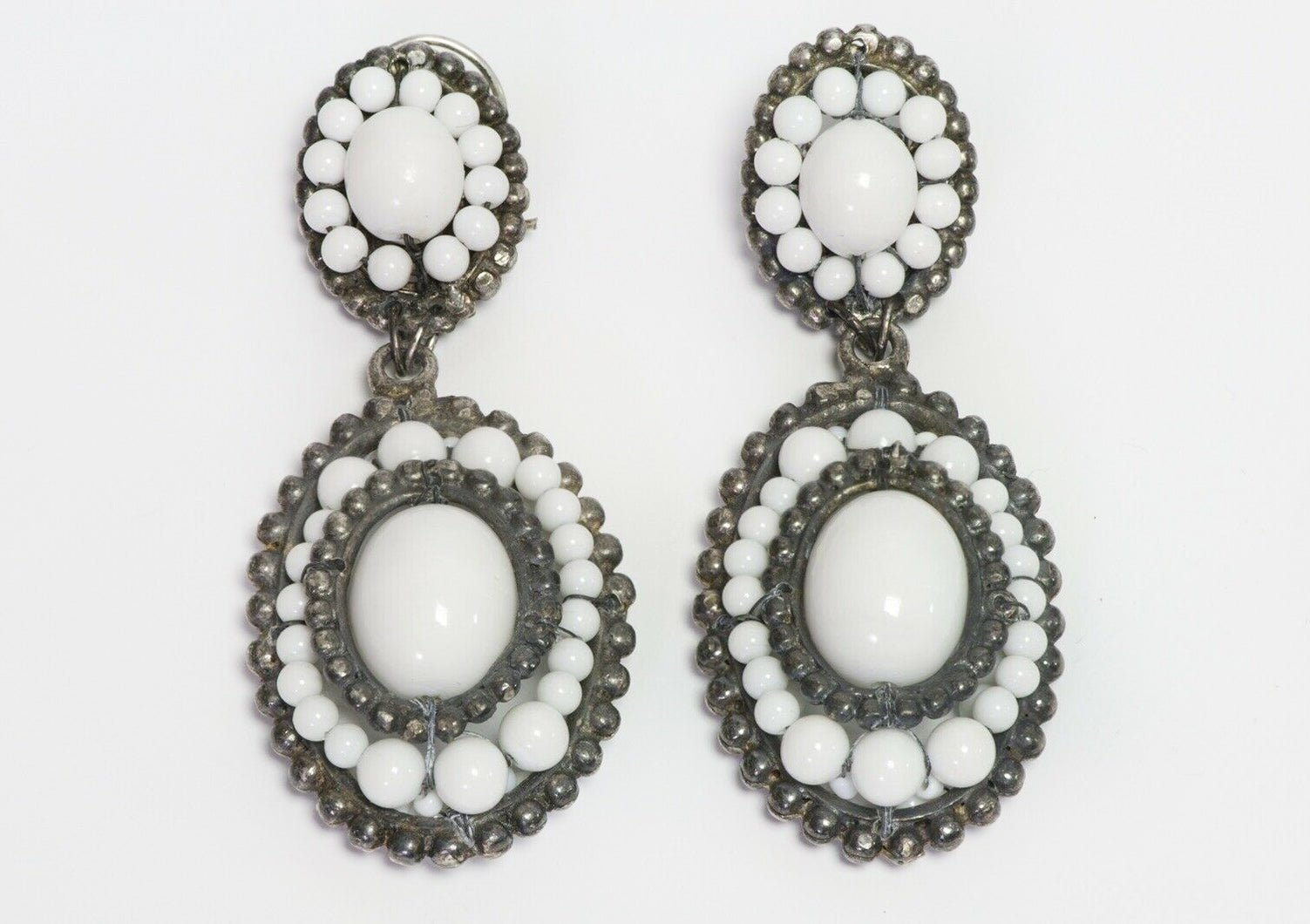 Louis Rousselet Paris 1950’s Long White Glass Beads Earrings