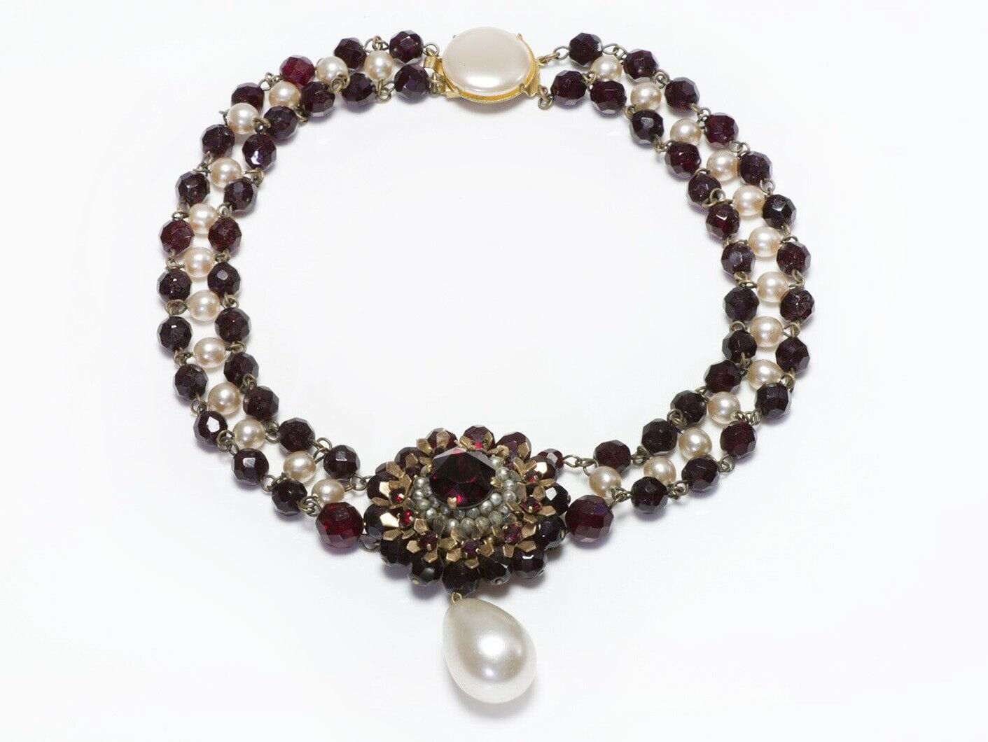 Louis Rousselet Paris 1950’s Red Glass Beads Pearl Necklace