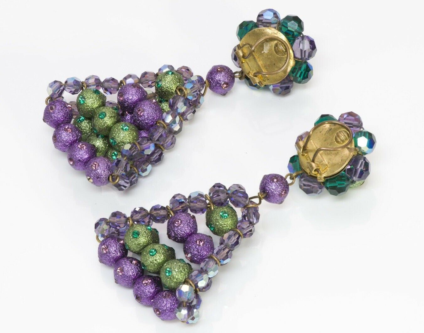 Louis Rousselet Paris 1960’s Long Purple Green Beads Drop Earrings