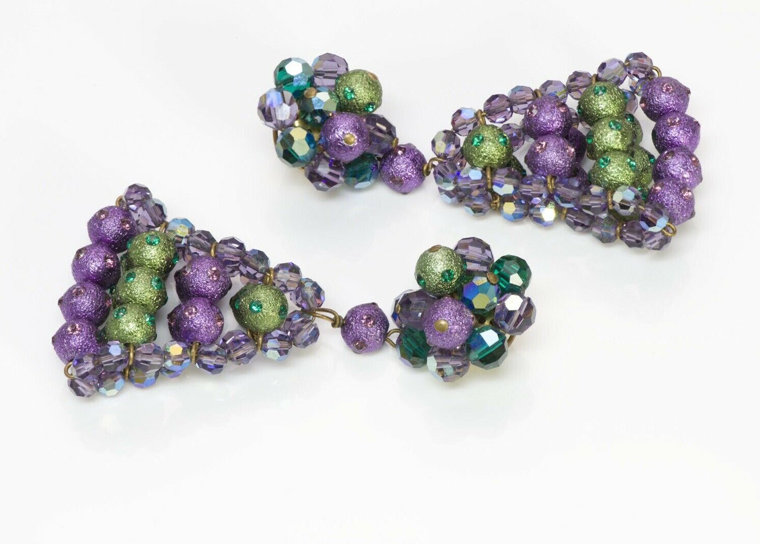 Louis Rousselet Paris 1960’s Long Purple Green Beads Drop Earrings