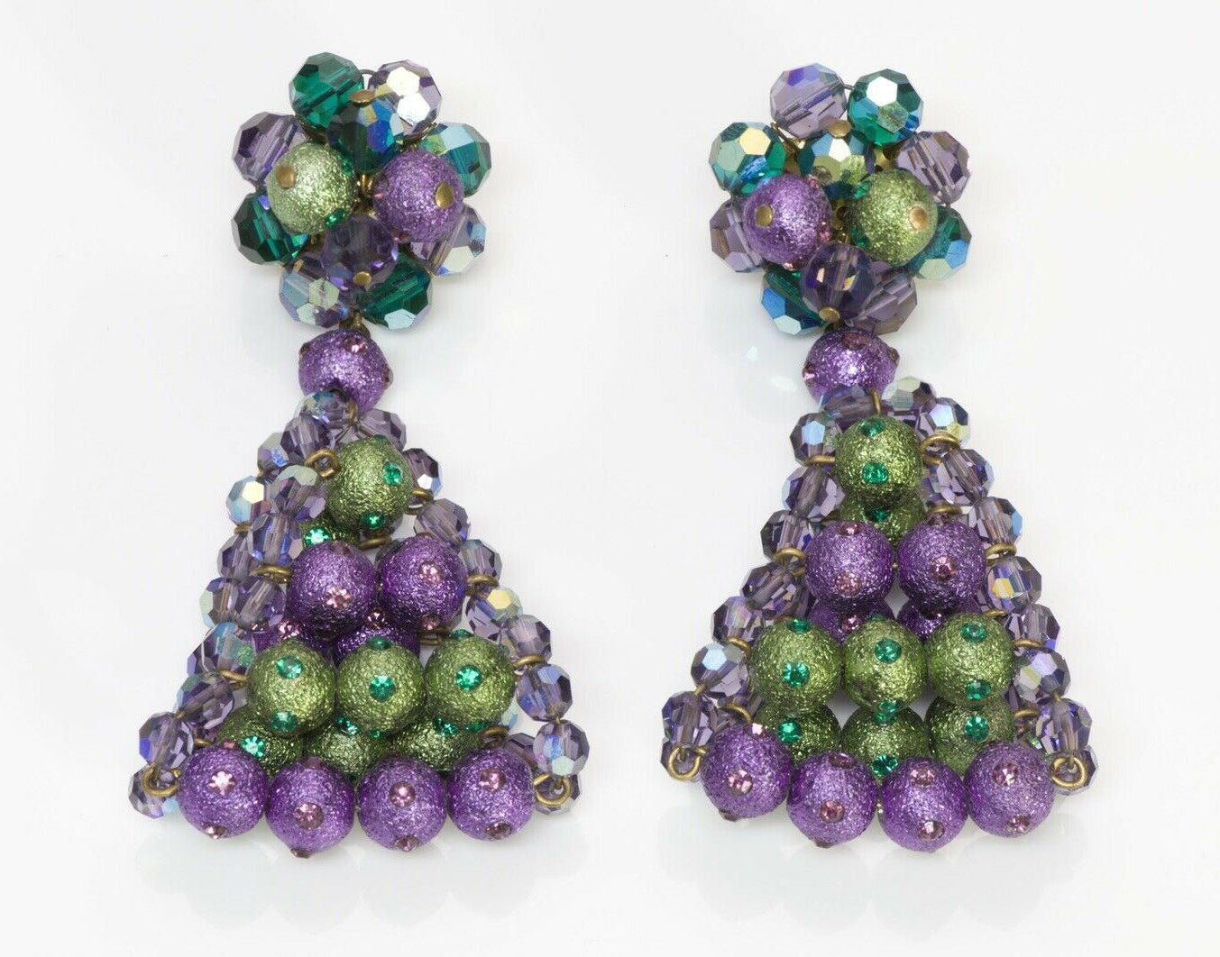 Louis Rousselet Paris 1960’s Long Purple Green Beads Drop Earrings