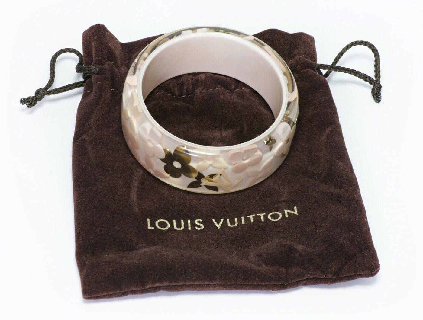 Louis Vuitton LV Paris Wide Logo Pink Gold Inclusion Lucite Bangle Bracelet