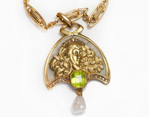 Louis Zorra Art Nouveau 18K Gold Plique a Jour Diamond Peridot Pearl Pendant & Chain