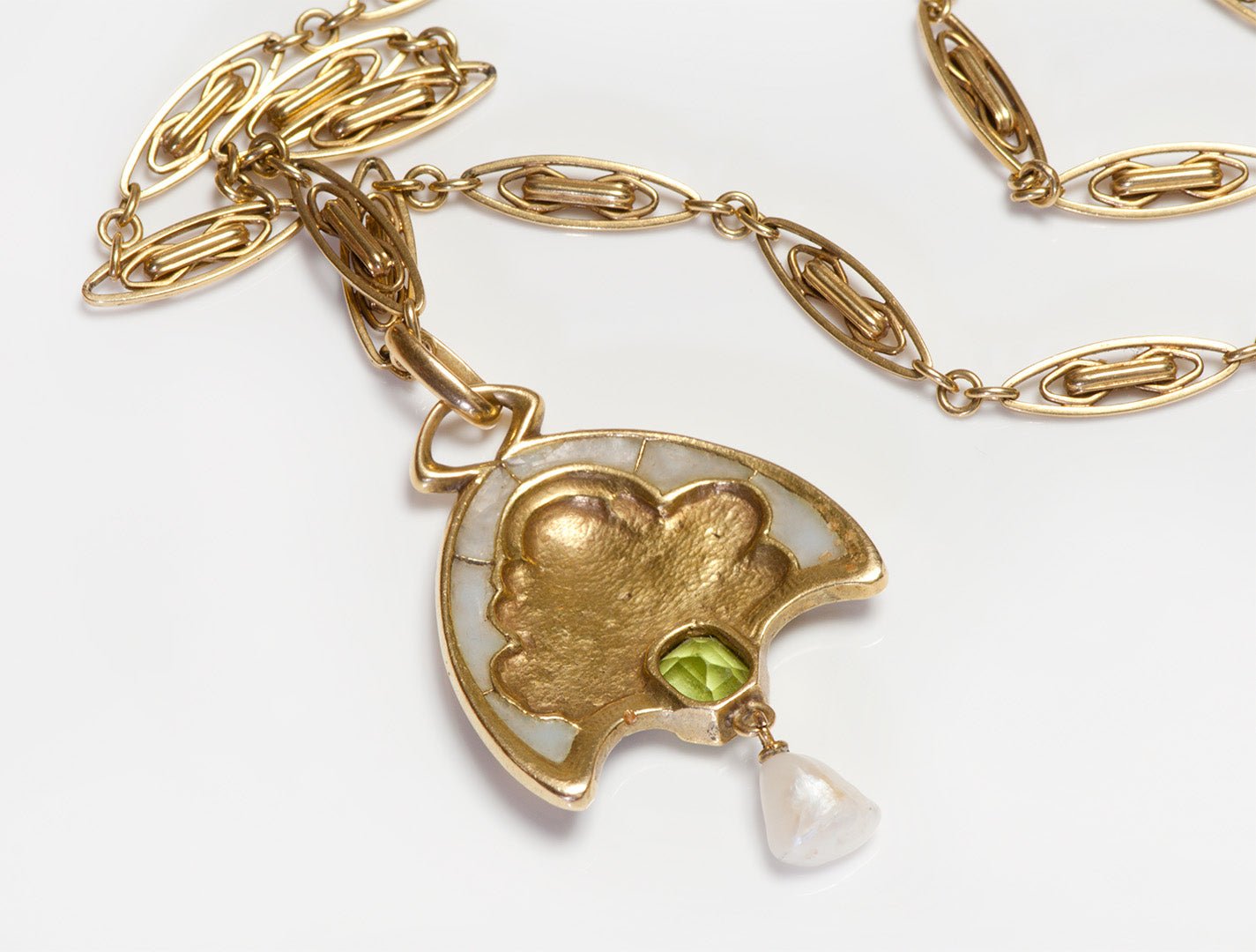 Louis Zorra Art Nouveau 18K Gold Plique a Jour Enamel Diamond Peridot Pearl Pendant & Chain