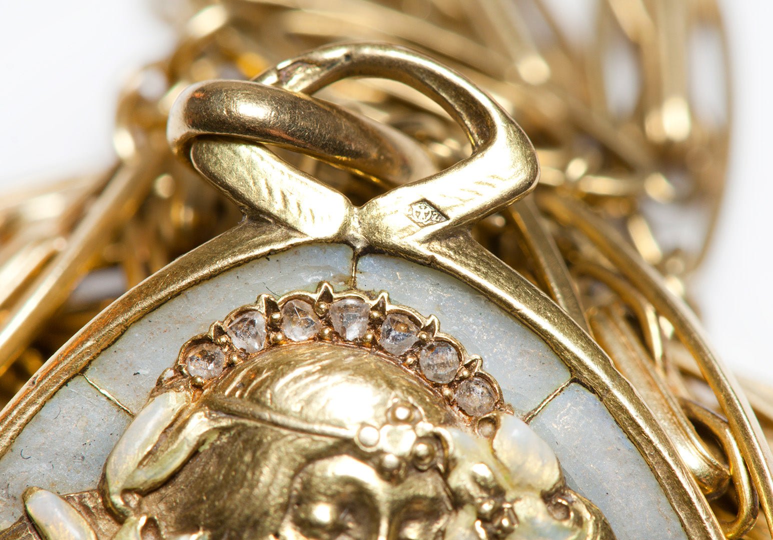 Louis Zorra Art Nouveau 18K Gold Plique a Jour Enamel Diamond Peridot Pearl Pendant & Chain