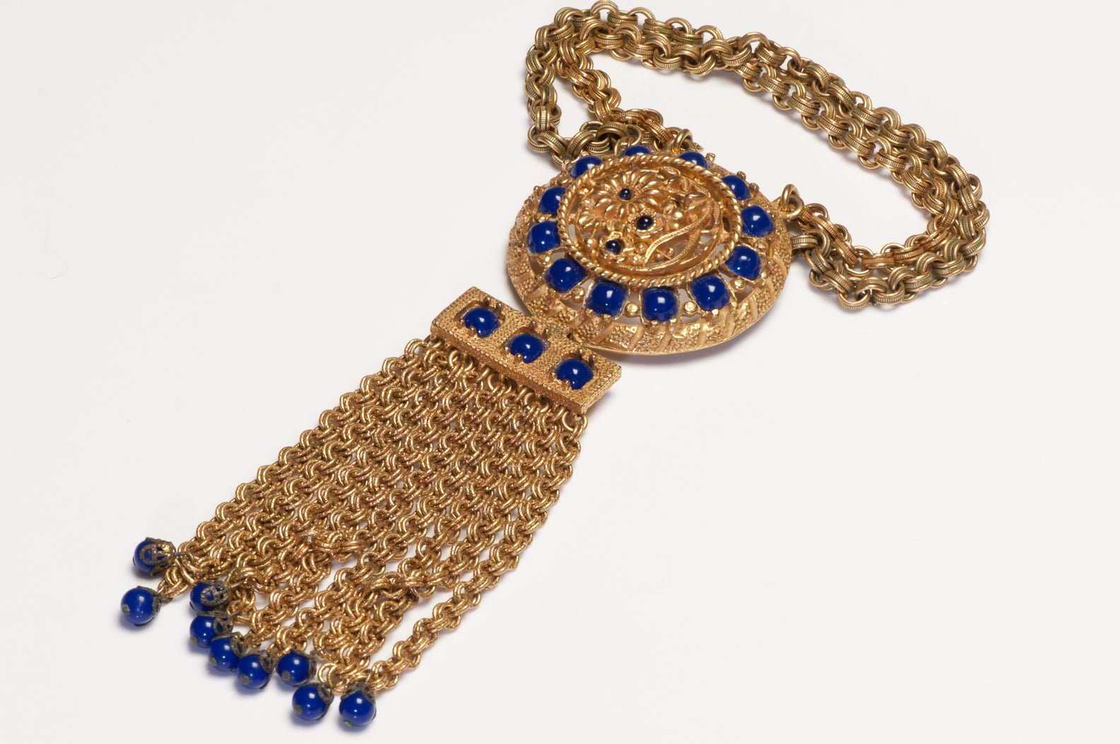 Lucien Piccard 1970’s Blue Glass Beads Tassel Chain Pendant Necklace