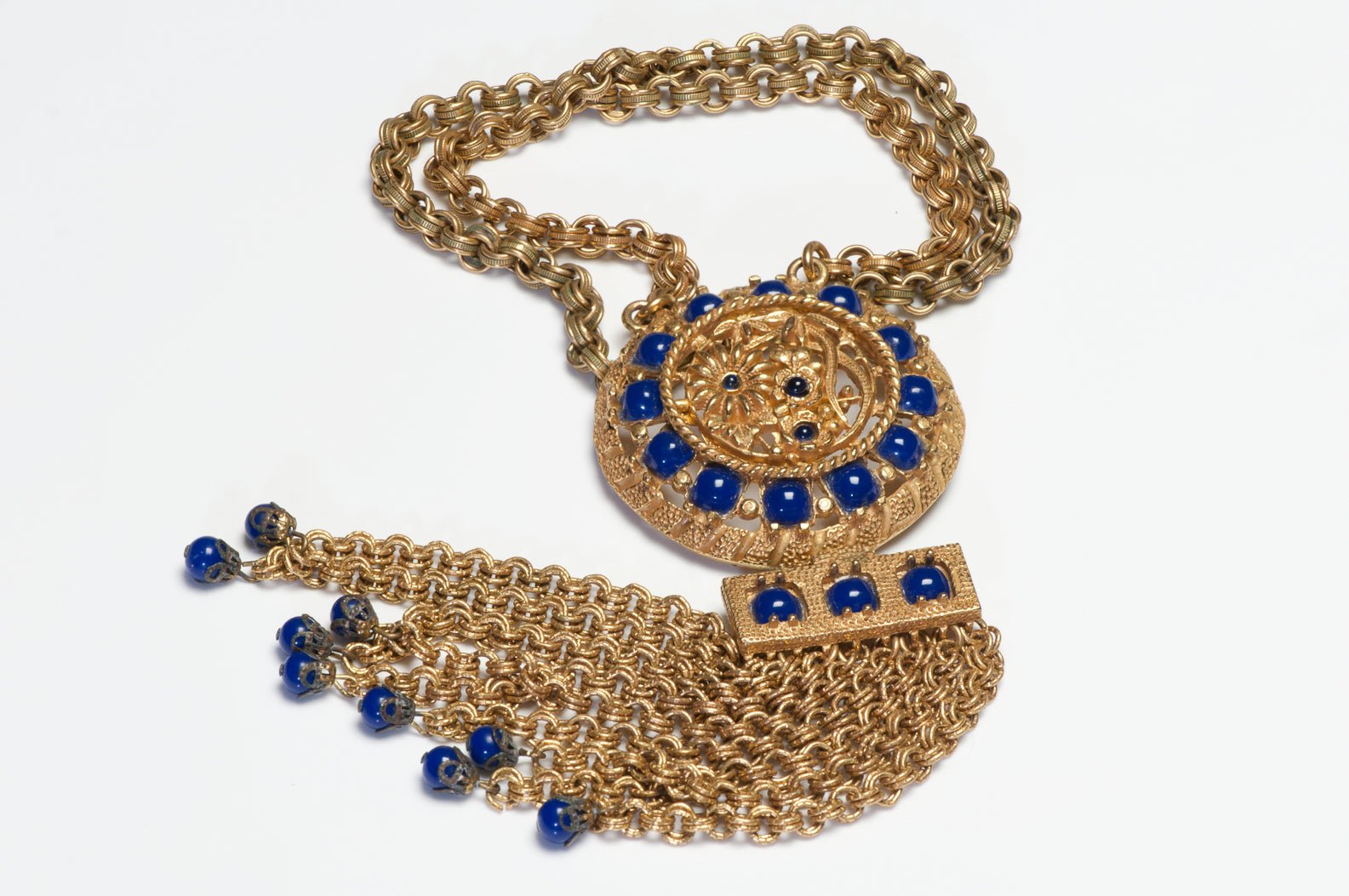 Lucien Piccard 1970’s Blue Glass Beads Tassel Chain Pendant Necklace