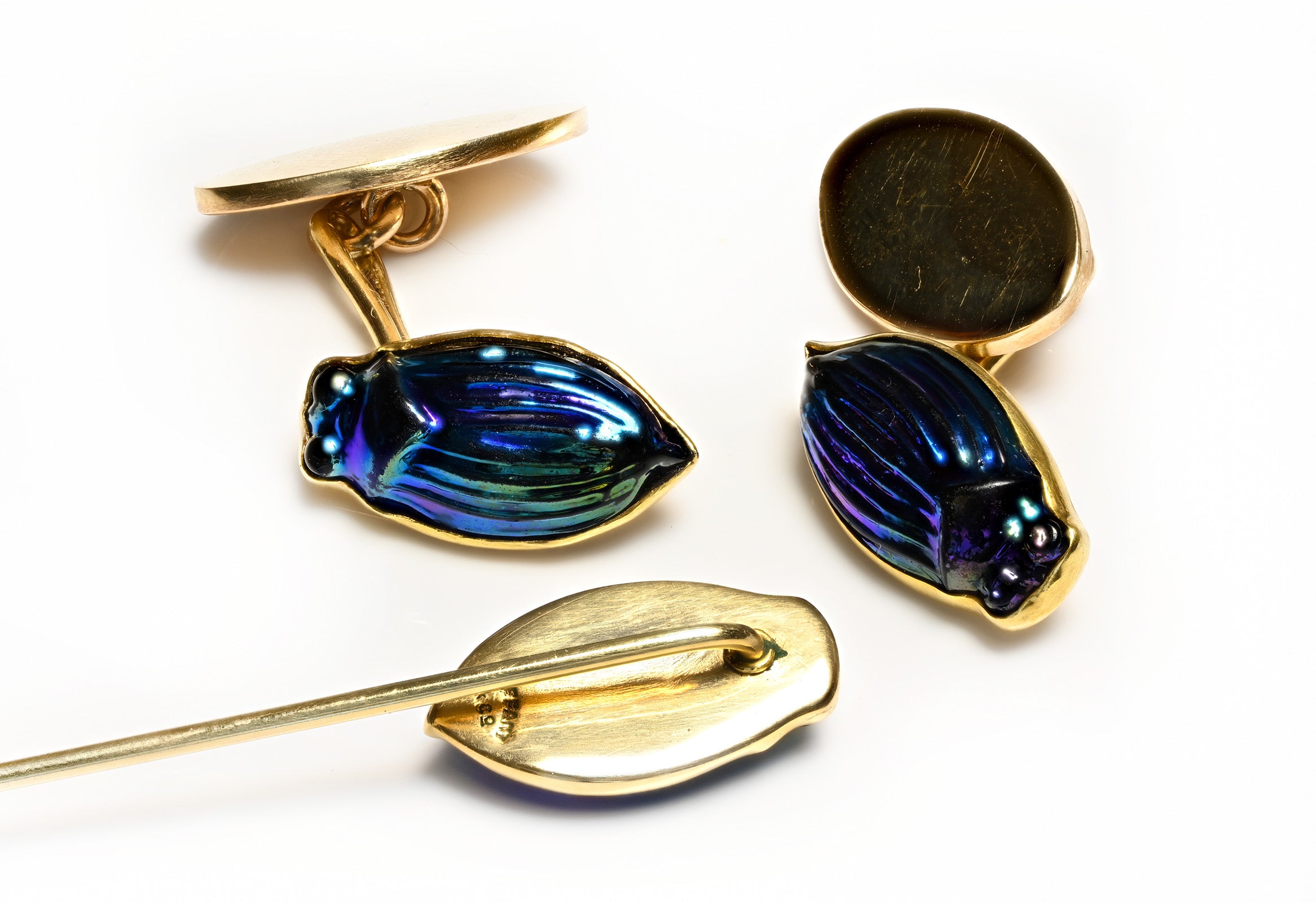 Luis Comfort Tiffany Gold Scarab Stick Pin and Cufflinks 