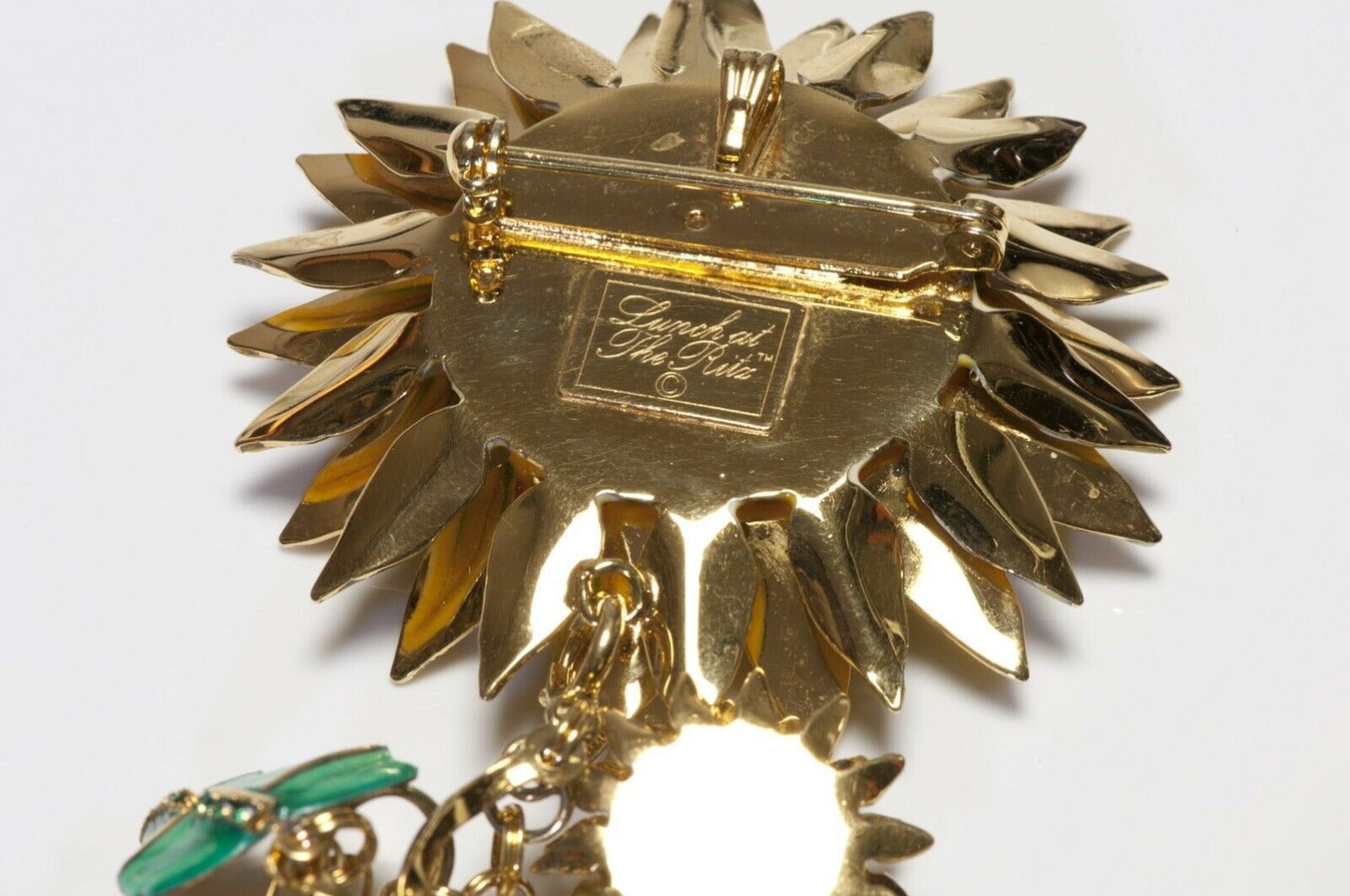 Lunch at the Ritz Yellow Green Enamel Crystal Sunflower Pendant Brooch