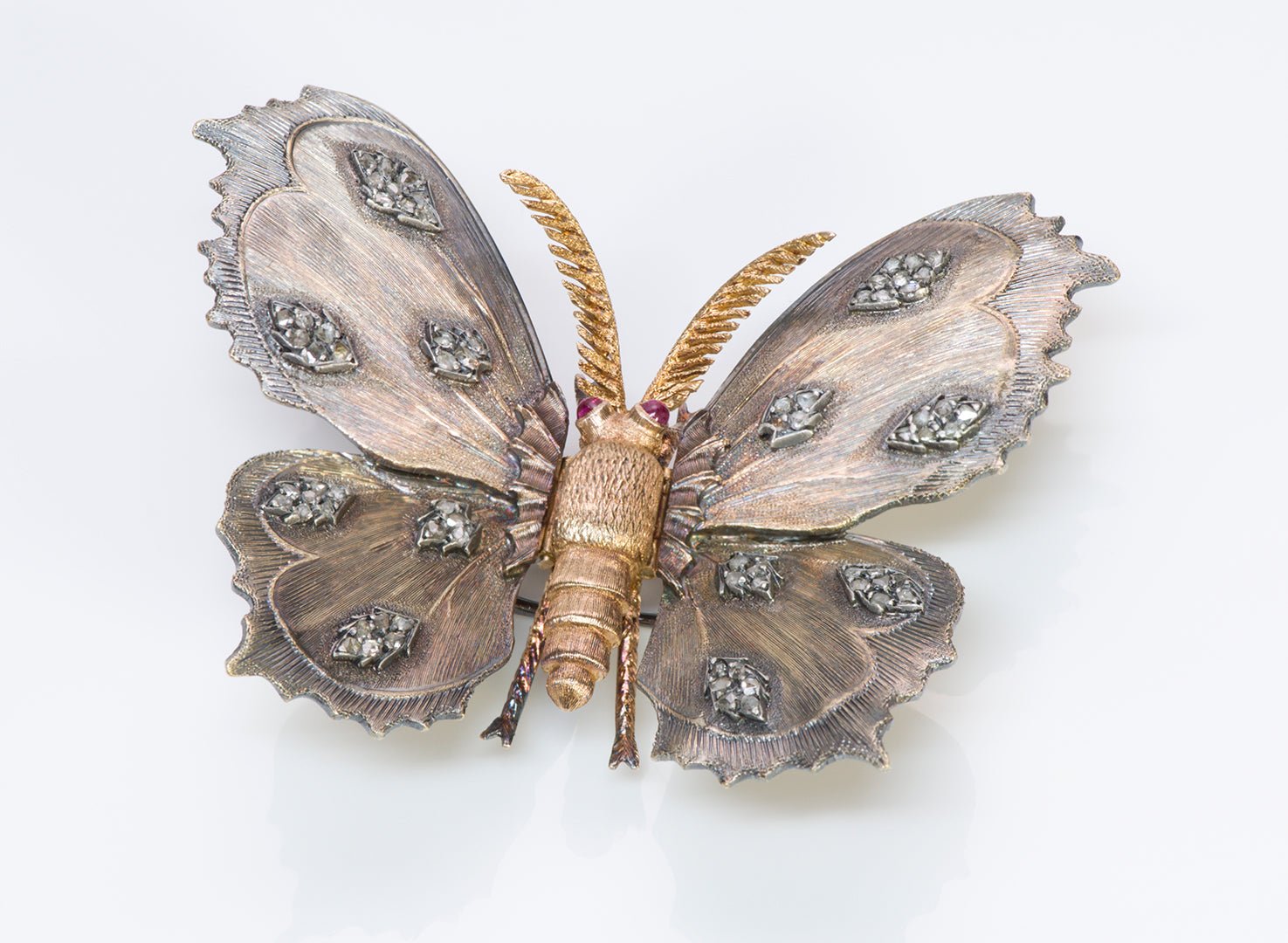 M. Buccellati 18K Gold Diamond Ruby Butterfly Brooch