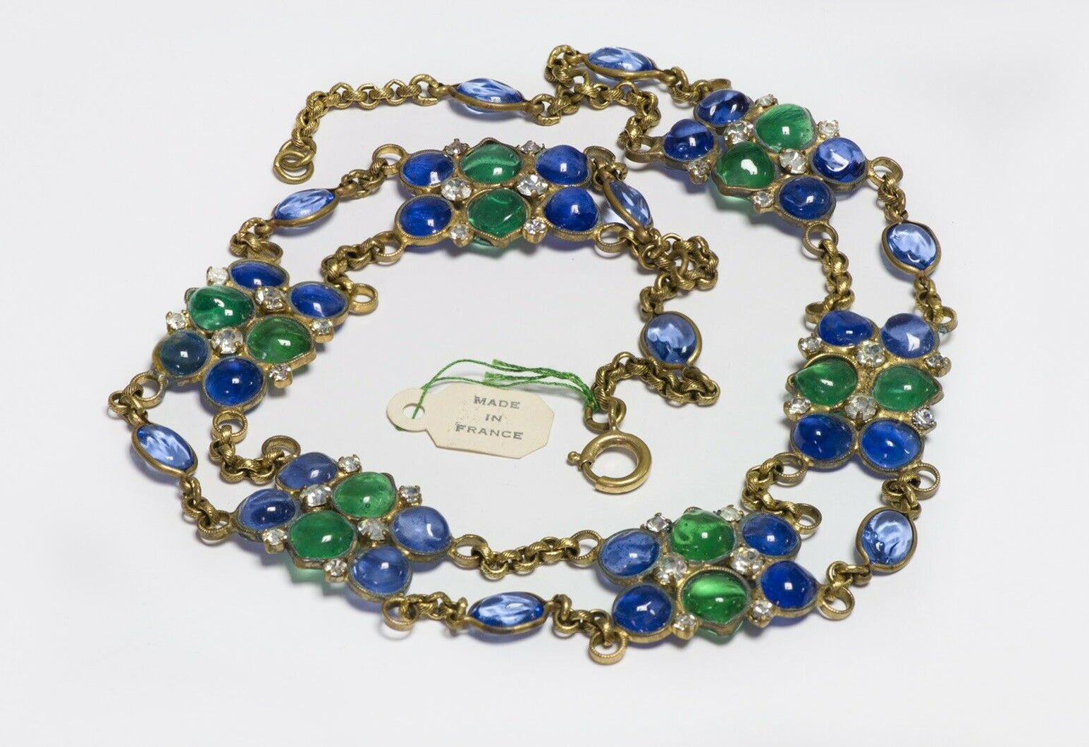 Maison Gripoix Paris 1960’s Blue Green Cabochon Glass Collar Chain Necklace