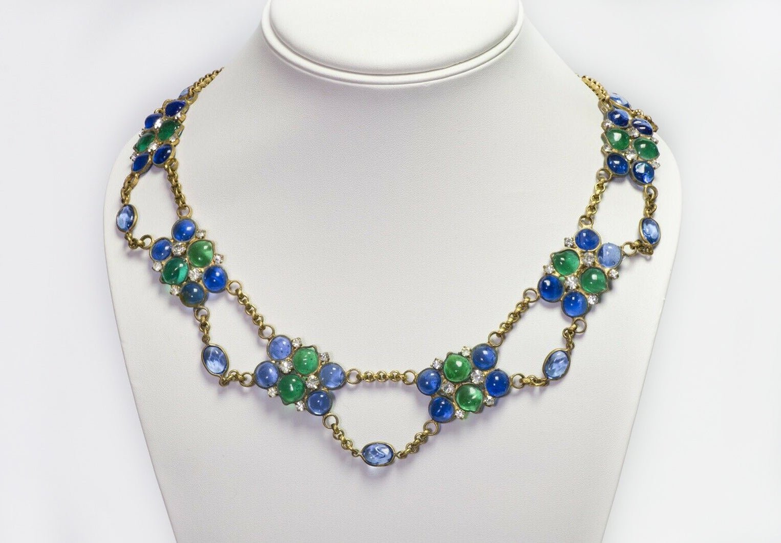 Maison Gripoix Paris 1960’s Blue Green Cabochon Glass Collar Chain Necklace
