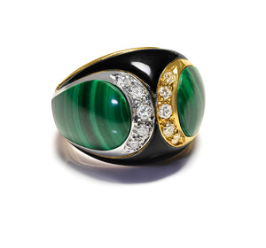Diamond Malachite Enamel Two Tone 18K Gold Ring