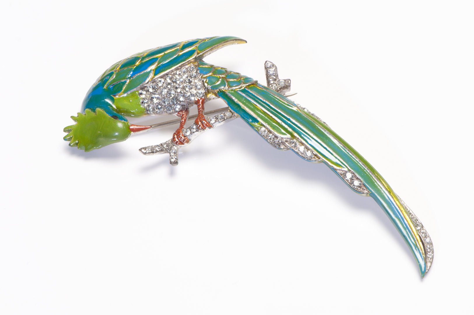 Marcel Boucher 1940’s Green Blue Enamel Crystal Bird of Paradise Brooch