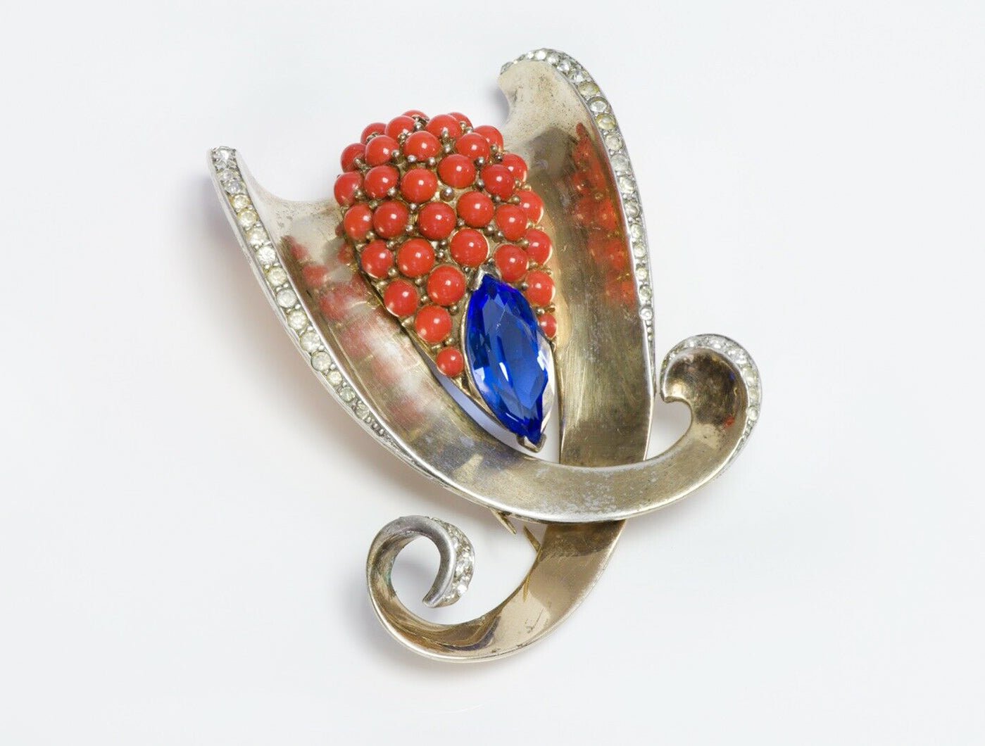 Marcel Boucher 1946 Sterling Silver Blue Crystal Faux Coral Clip Brooch