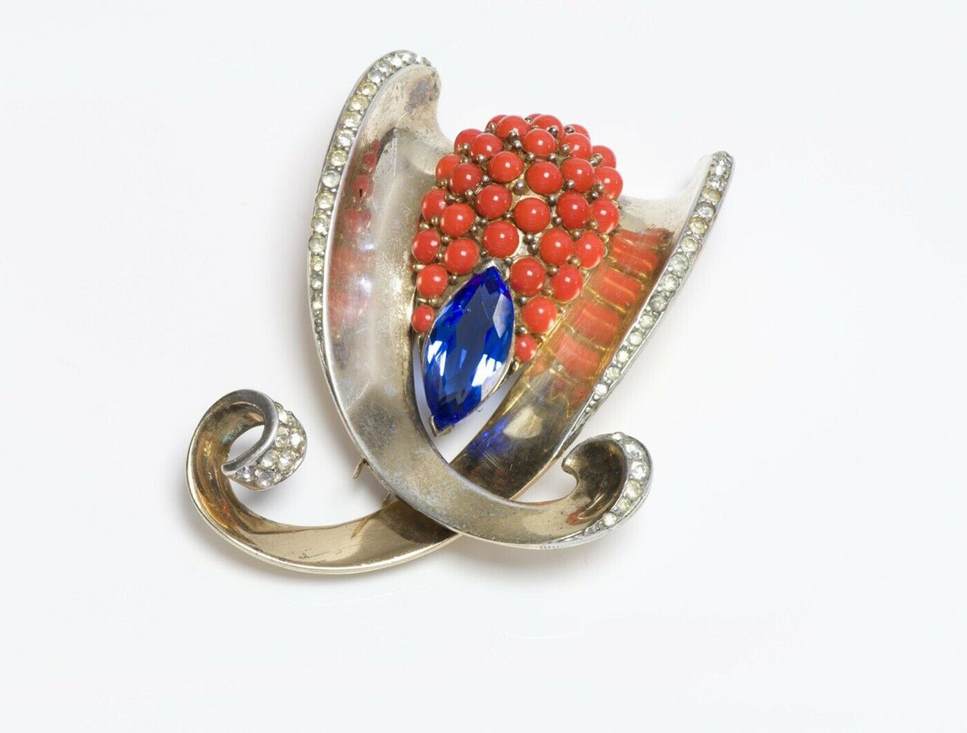 Marcel Boucher 1946 Sterling Silver Blue Crystal Faux Coral Clip Brooch
