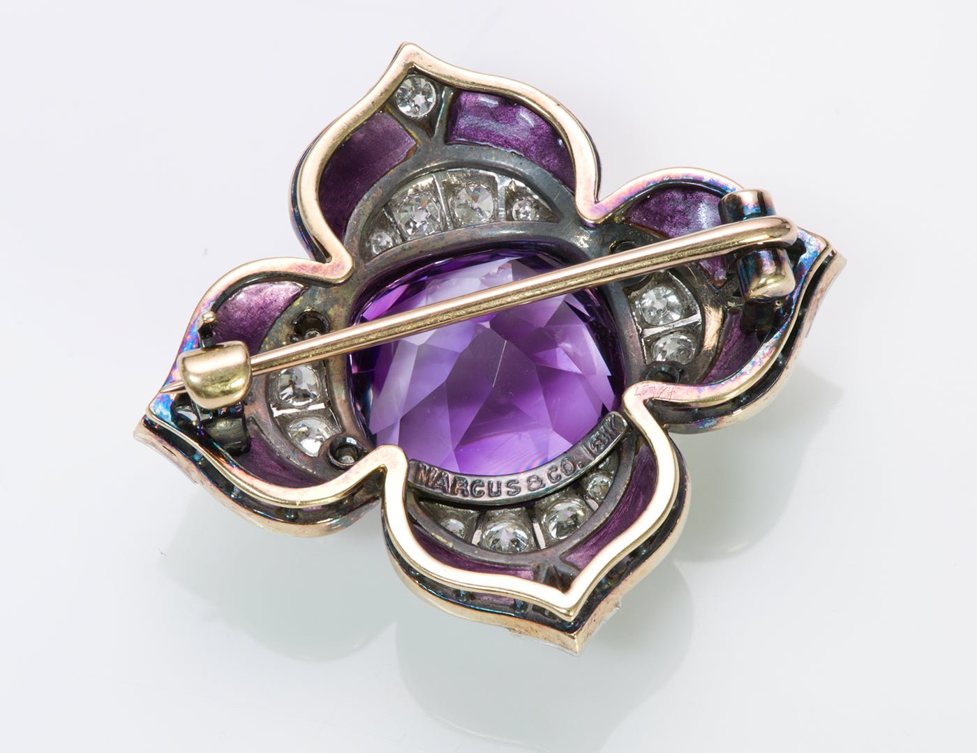 Marcus & Co. Antique 18K Gold Amethyst Diamond Enamel Brooch