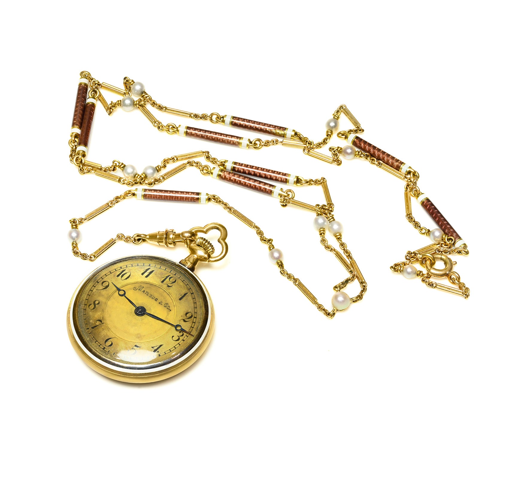 Marcus & Co. Edwardian Gold and Enamel Pendant Watch with Chain