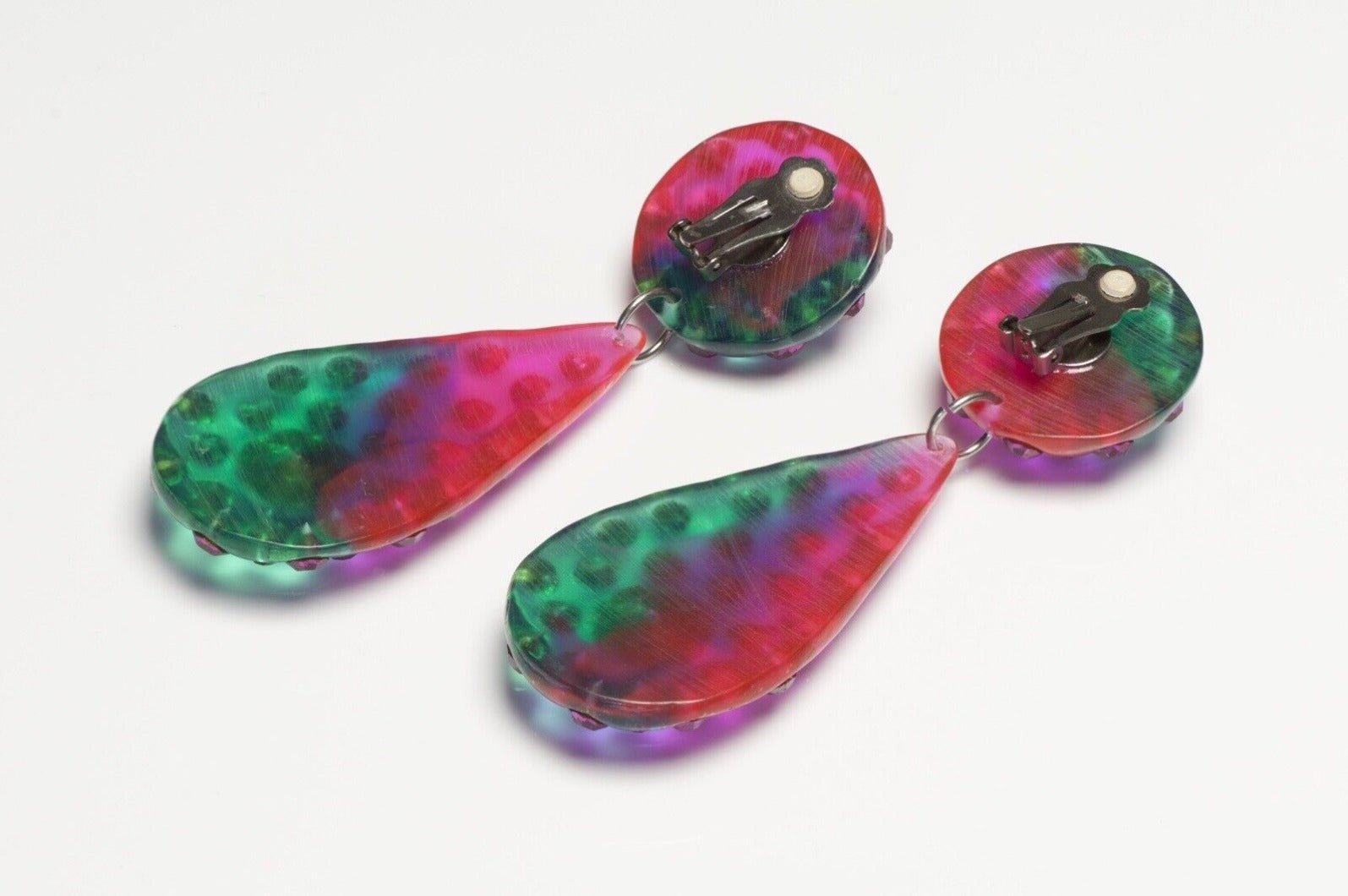 Maria Snyder 1980’s Extra Long Neon Pink Green Lucite Crystal Earrings