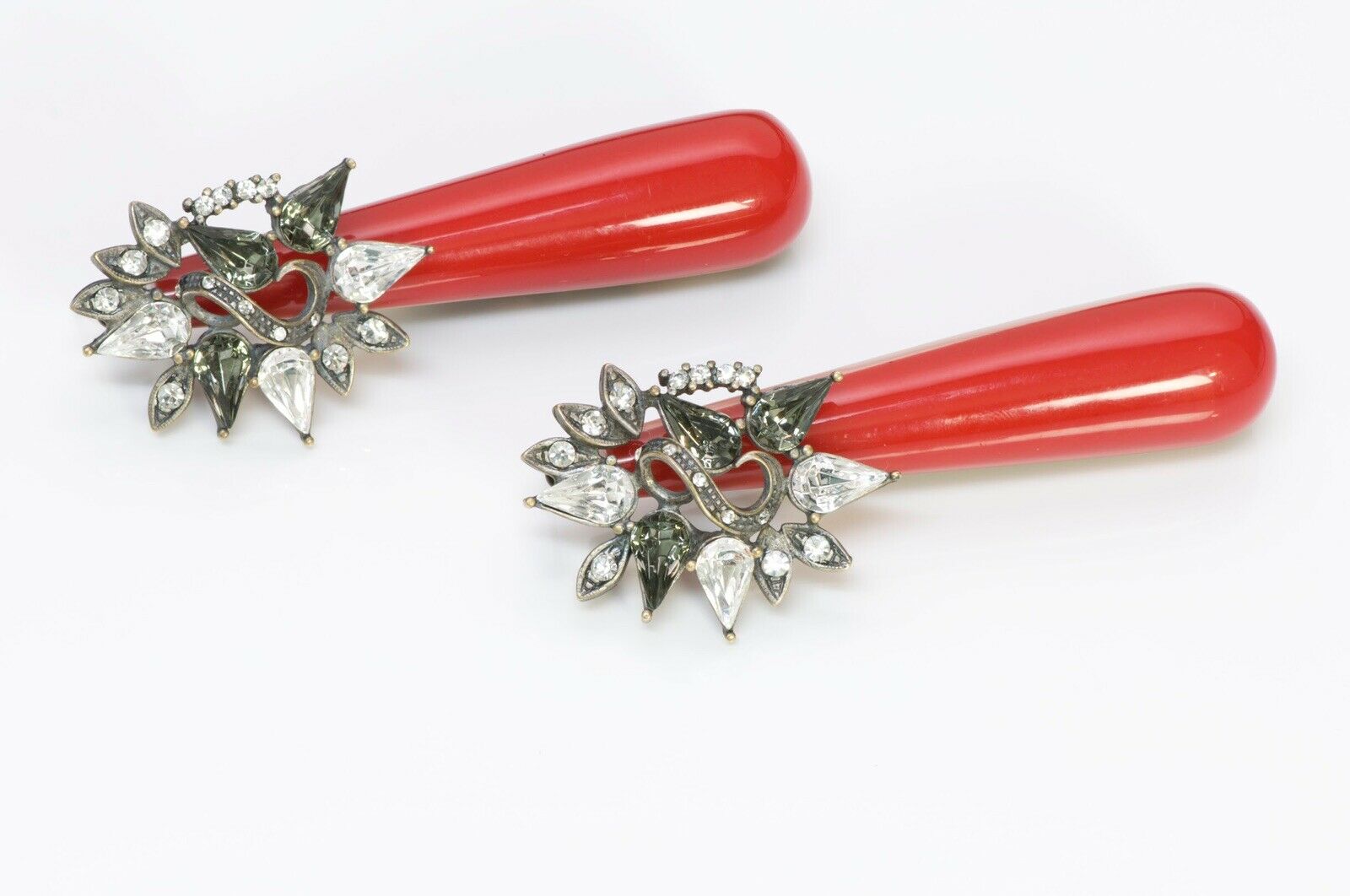 MARNI Long Red Enamel Wood Crystal Earrings