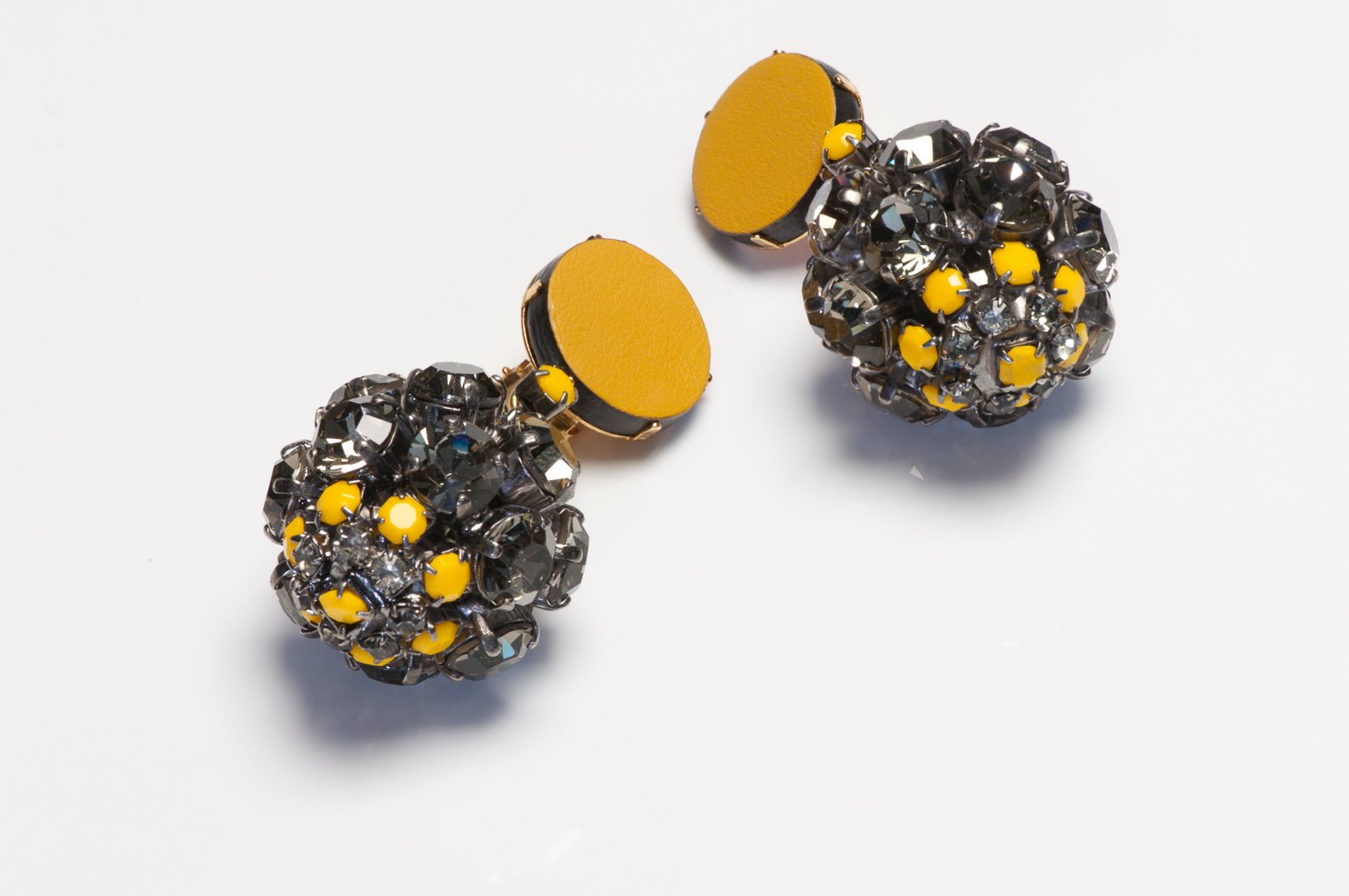 Marni Yellow Leather Gray Crystal Drop Ball Earrings
