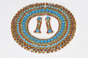 Max Muller Kaufbeuren 1960’s Blue Orange Crystal Collar Necklace Earrings Set