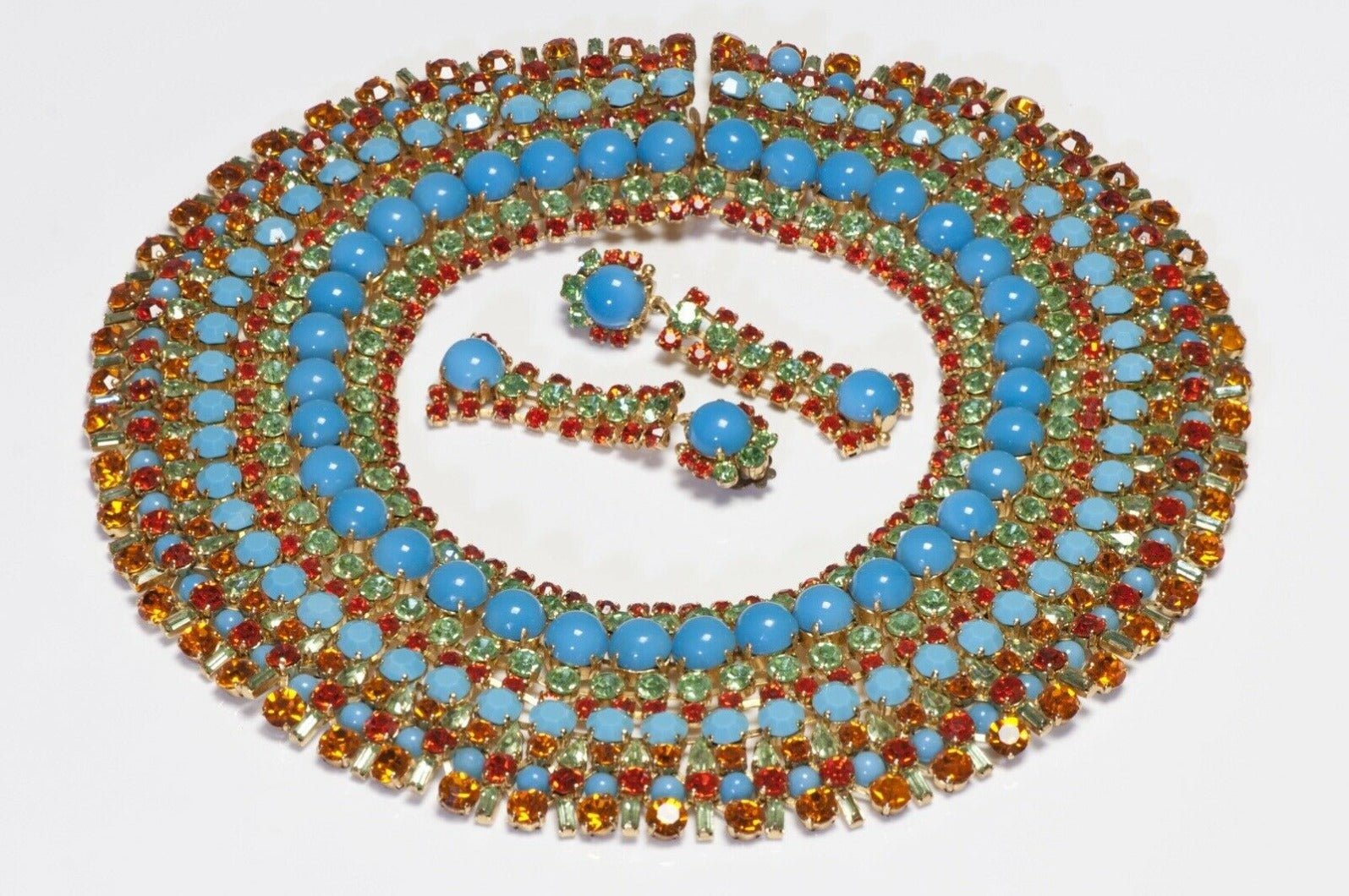 Max Muller Kaufbeuren 1960’s Blue Orange Crystal Collar Necklace Earrings Set