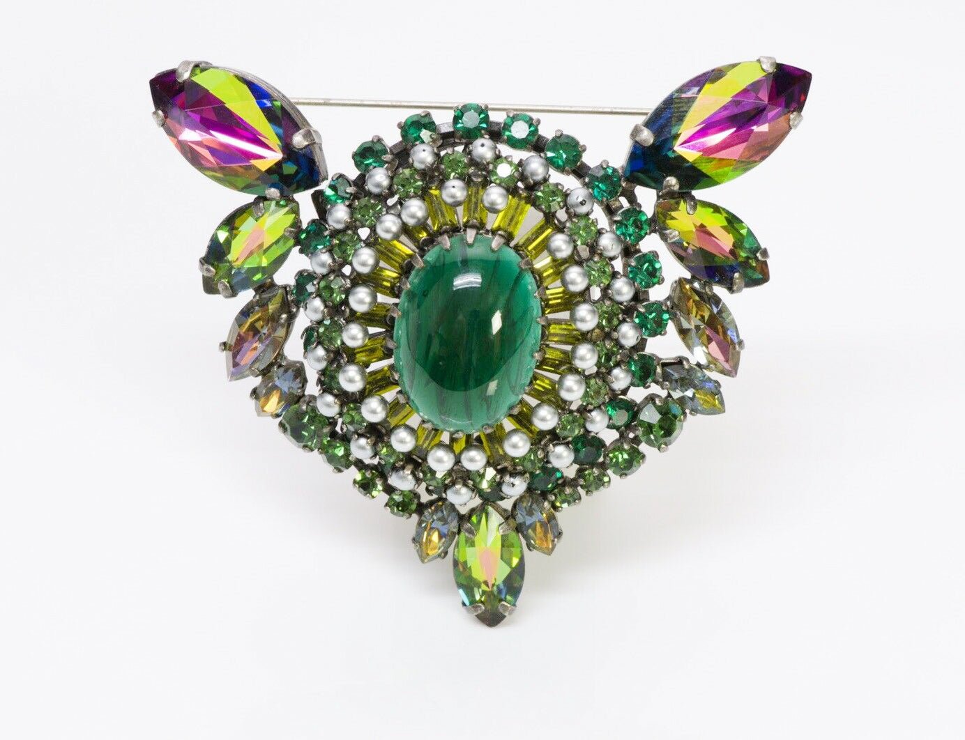 Max Muller Kaufbeuren Green Crystal Cabochon Glass Brooch