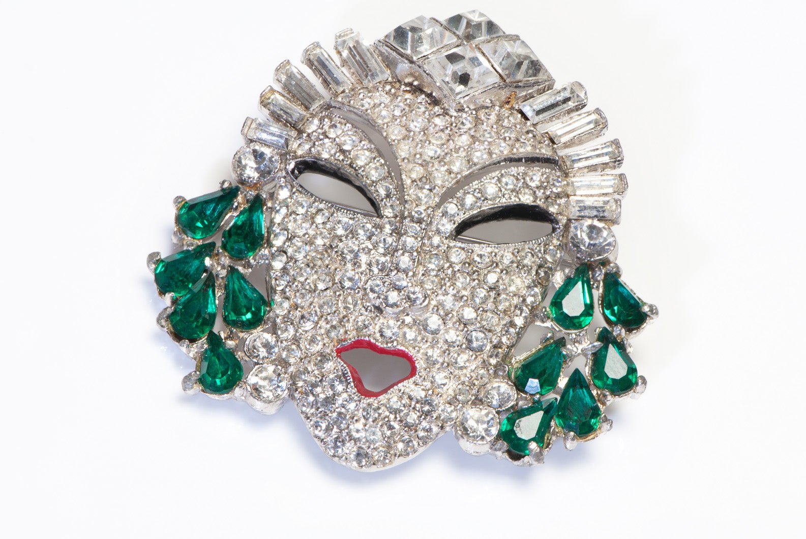 Mazer 1940’s Rhodium Plated Green Crystal Asian Princess Mask Brooch