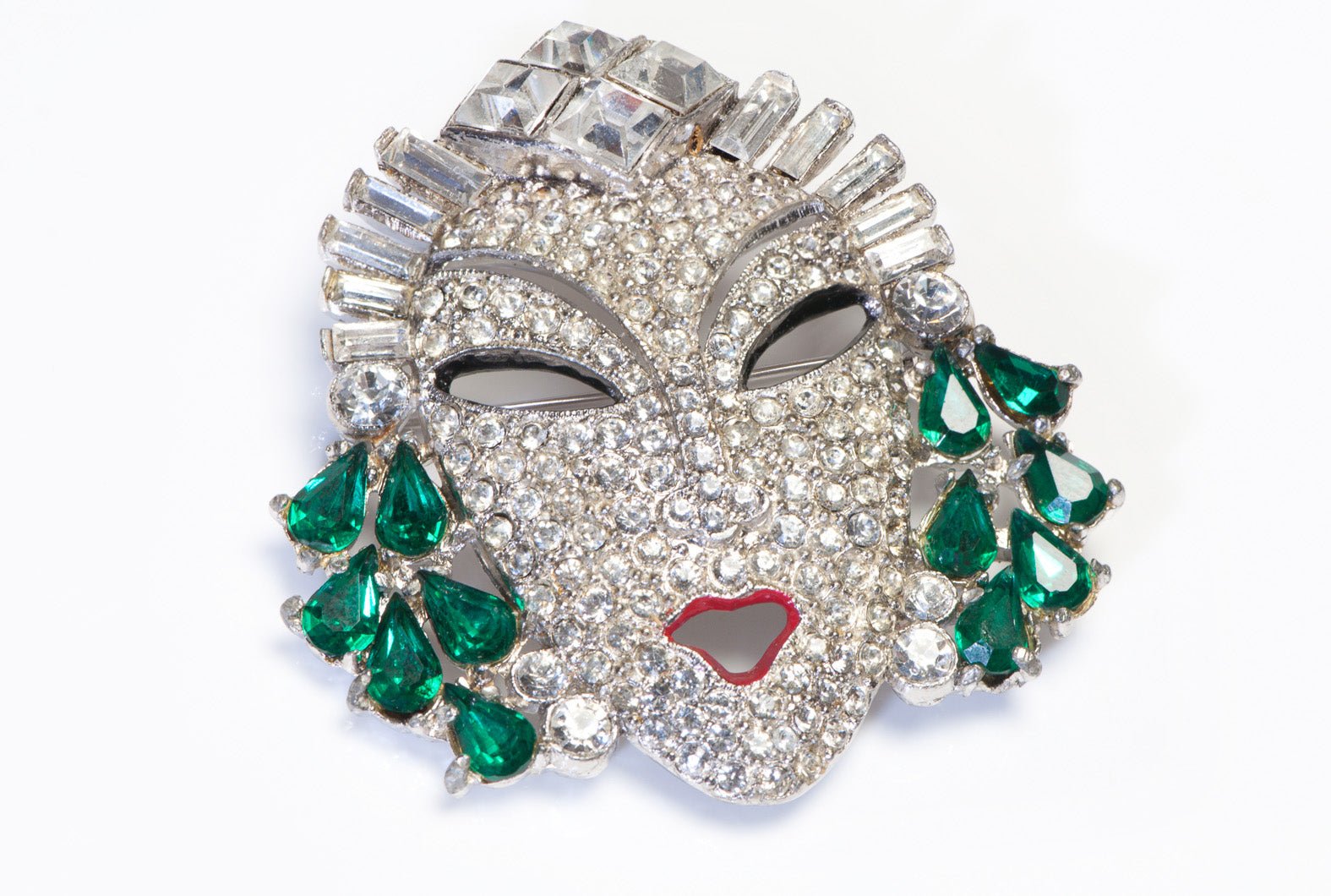 Mazer 1940’s Rhodium Plated Green Crystal Asian Princess Mask Brooch
