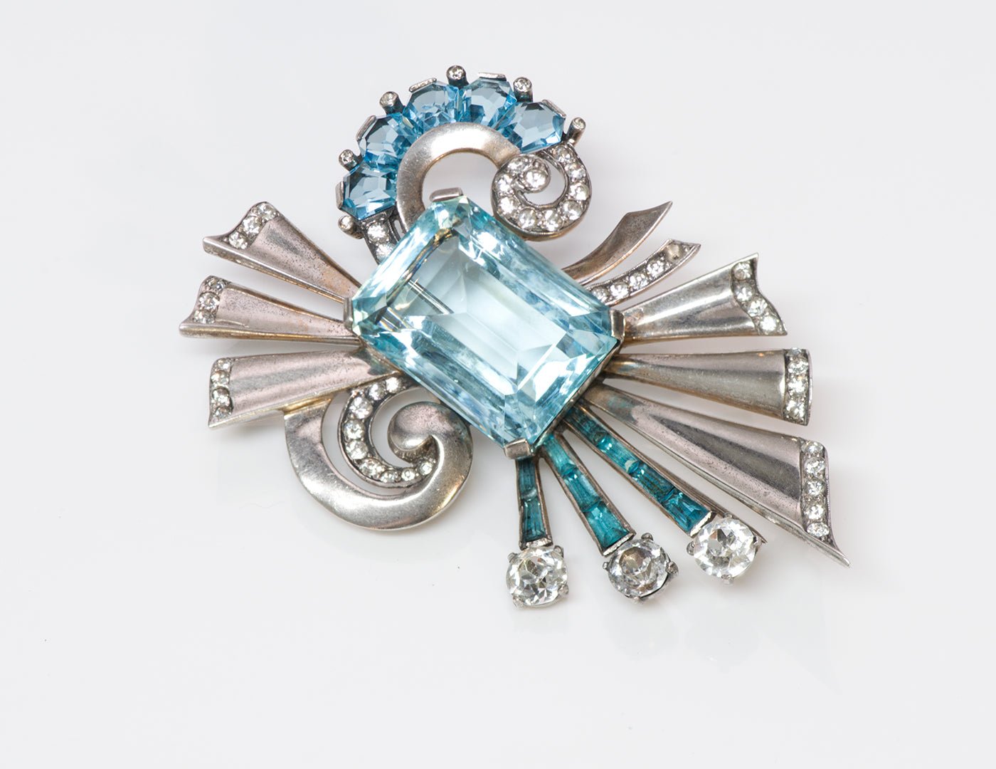 Mazer Sterling Silver Aqua Blue Crystal Brooch Pin