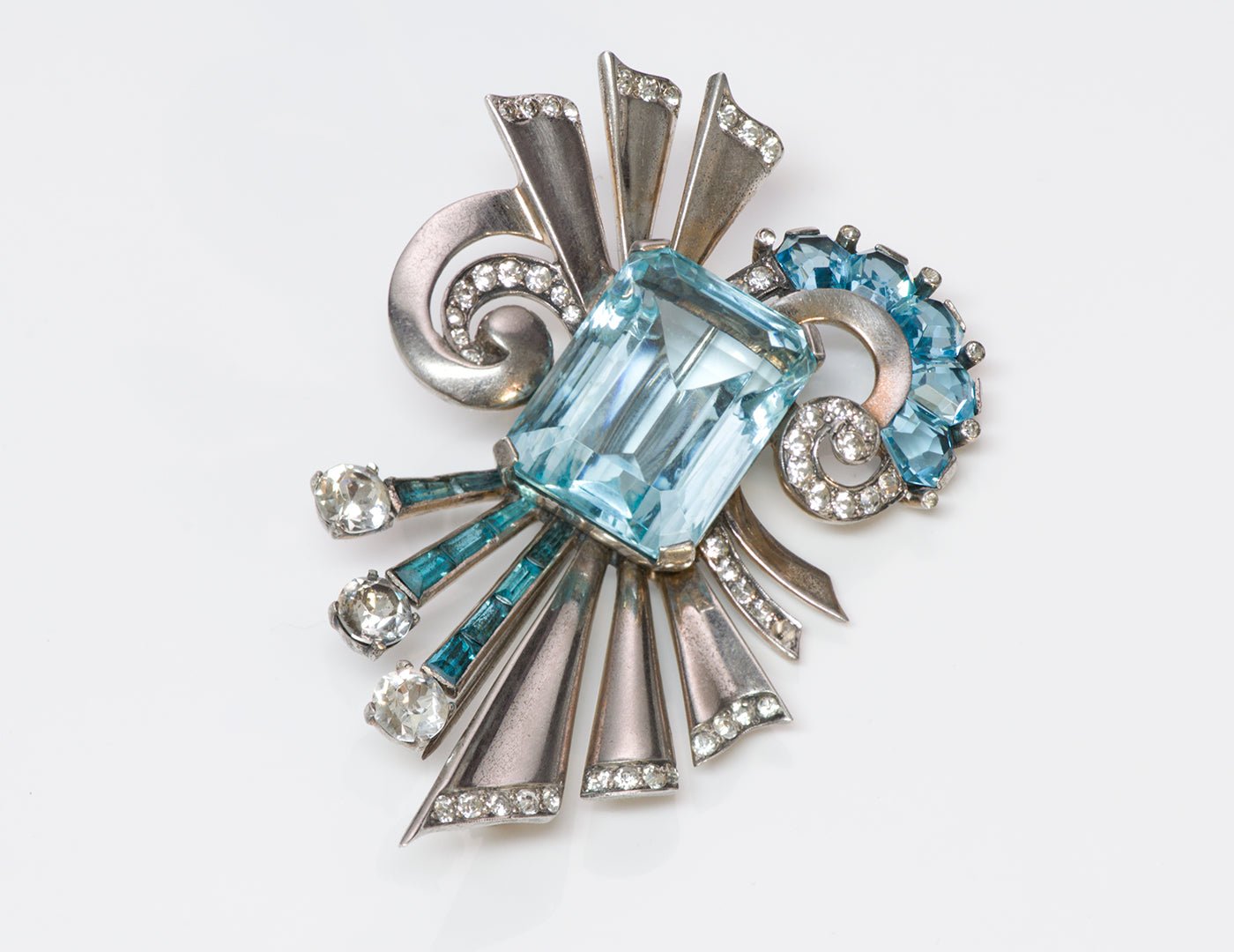 Mazer Sterling Silver Aqua Blue Crystal Brooch Pin