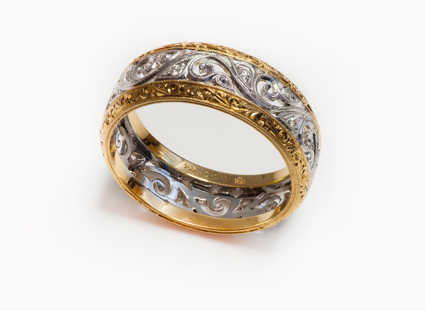 Men's 18K Yellow White Gold Filigree Diamond Band Ring