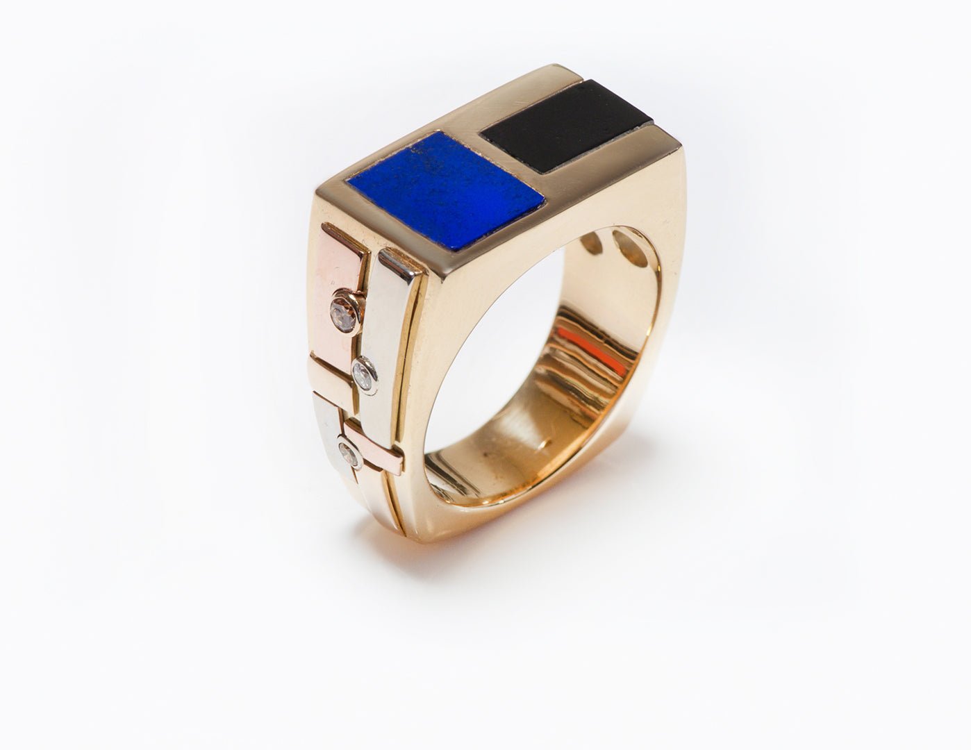 Men's Ring 18K Gold Inlay Lapis Onyx & Diamond