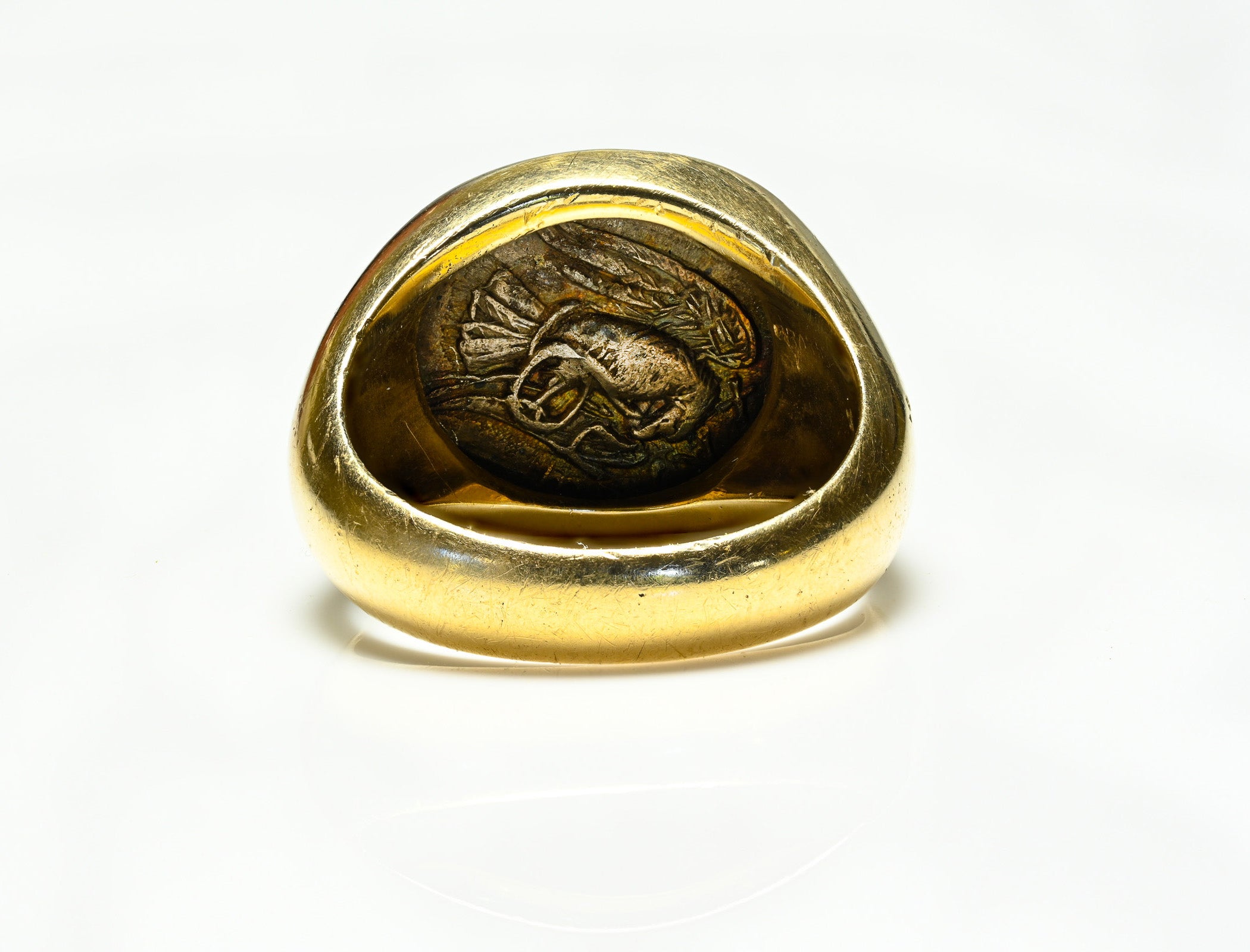Ancient Silver Coin Mounted in Yellow Gold Men's Ring bird 