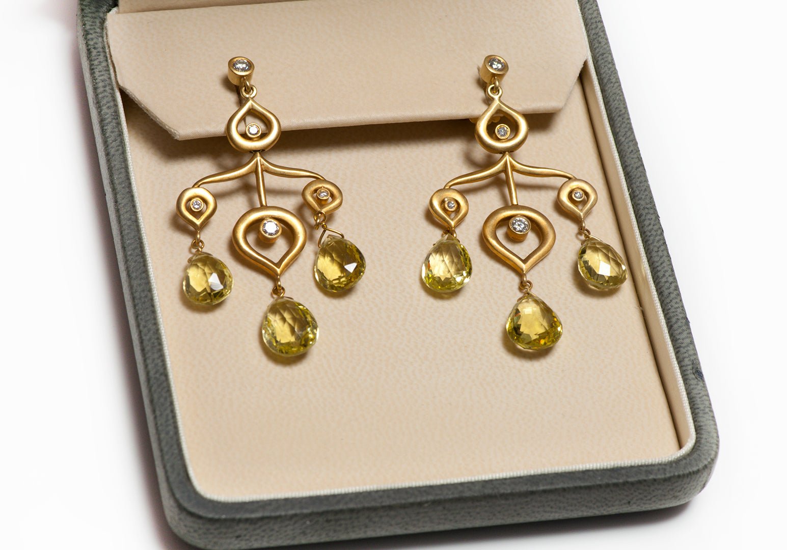 Michele Mitchell 18K Gold Briolette Cut Citrine Diamond Chandelier Earrings