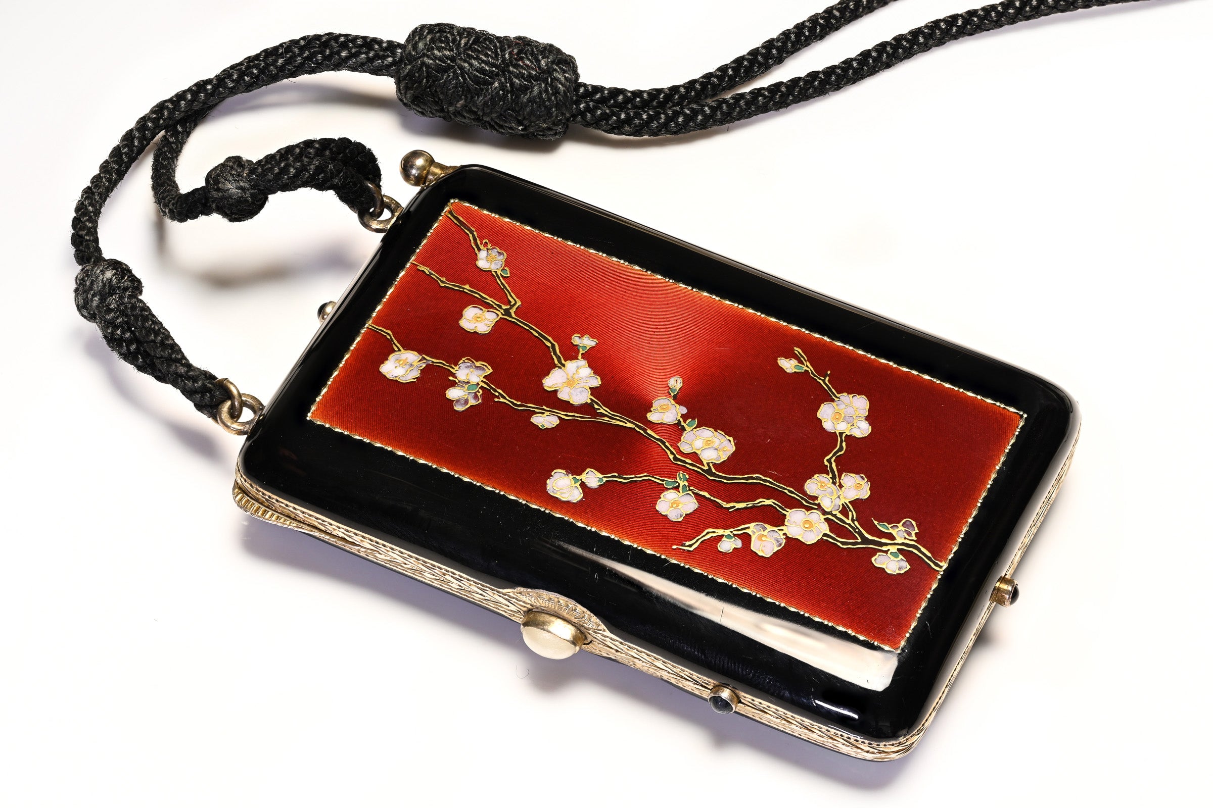 Art Deco Silver Enamel Cherry blossoms Minaudiere