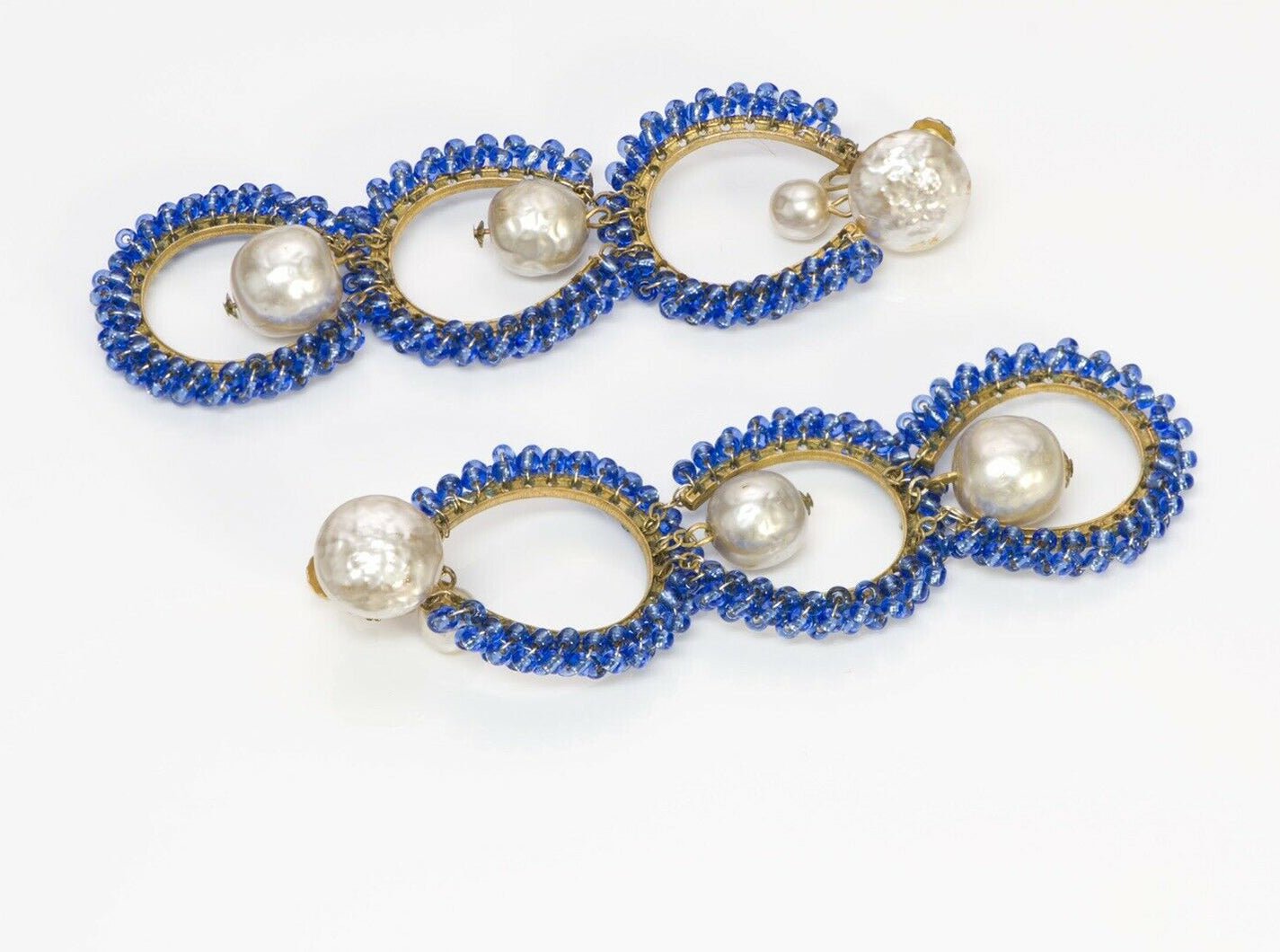 Miriam Haskell 1940’s Extra Long Shoulder Duster Pearl Blue Glass Beads Earrings
