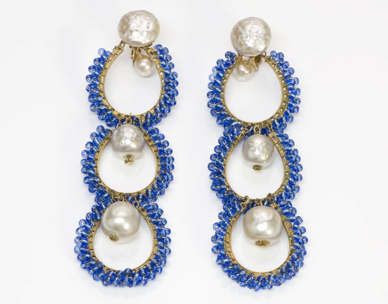 Miriam Haskell 1940’s Extra Long Shoulder Duster Pearl Blue Glass Beads Earrings
