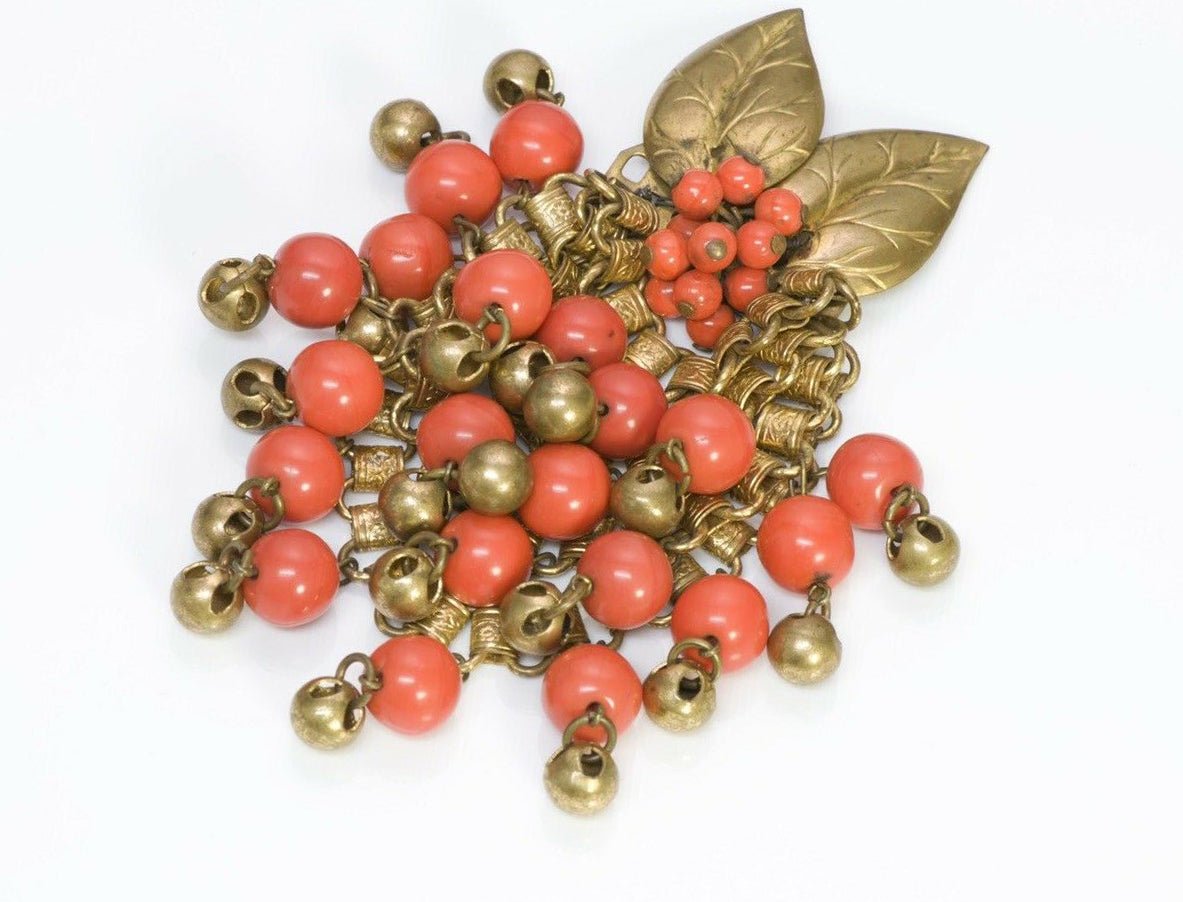 Miriam Haskell 1940’s Glass Beads Brass Leaf Chain Brooch