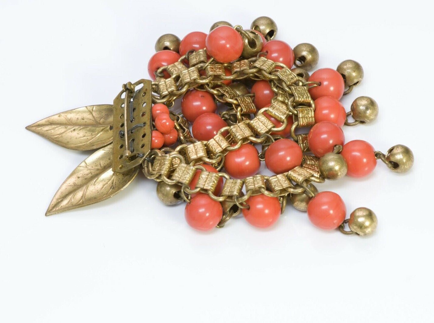 Miriam Haskell 1940’s Glass Beads Brass Leaf Chain Brooch